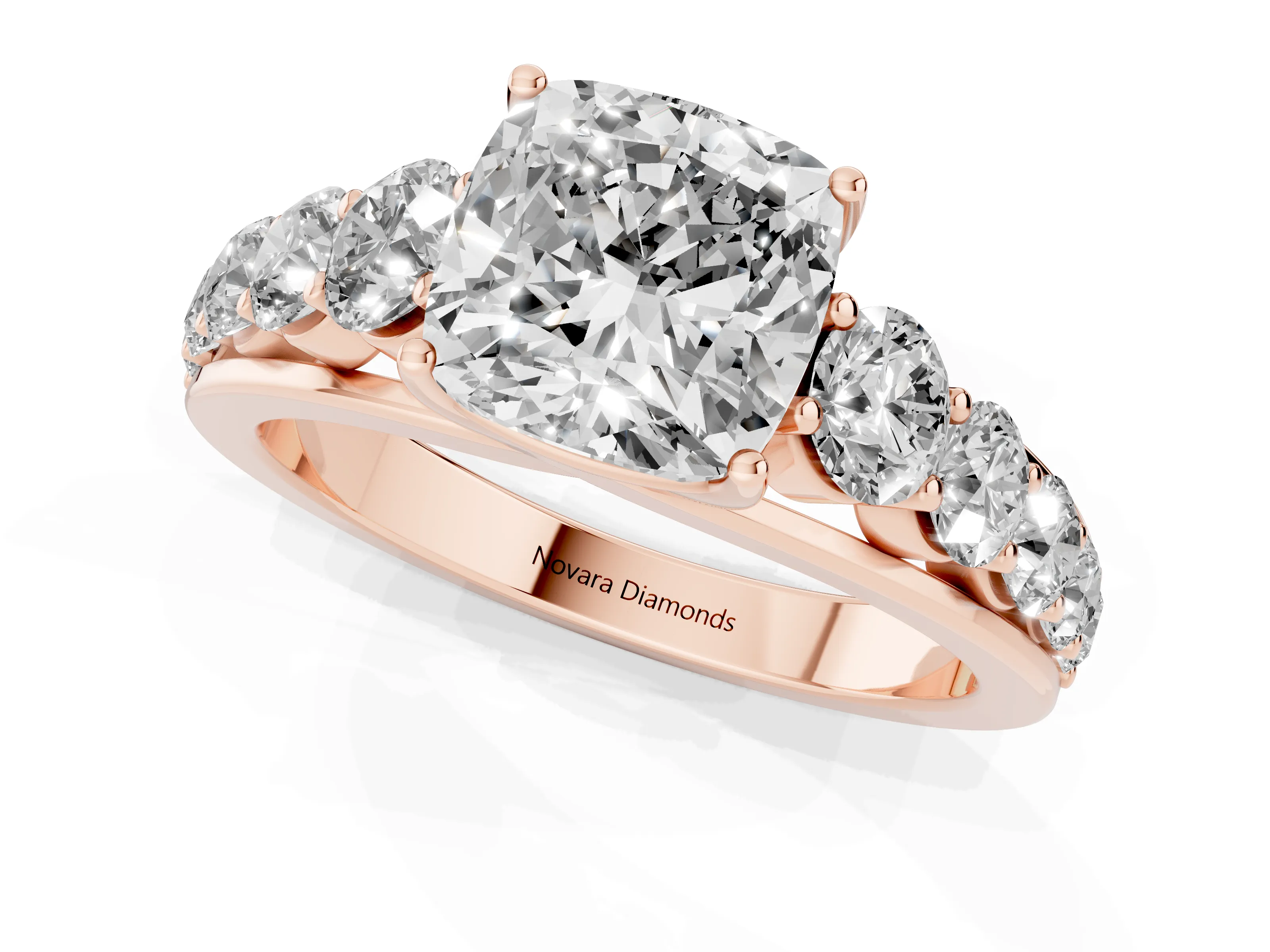 Cushion Cut Diamond Solitaire Ring Set in Rose gold with Pavé-Set Band and Prong Setting