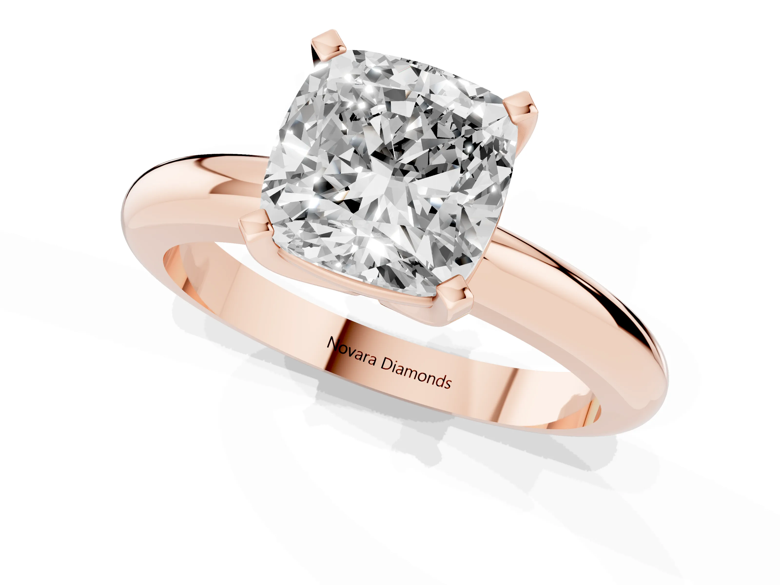 Cushion Cut Diamond Solitaire Engagement Ring Set in Rose gold with Round Band and Prong Setting