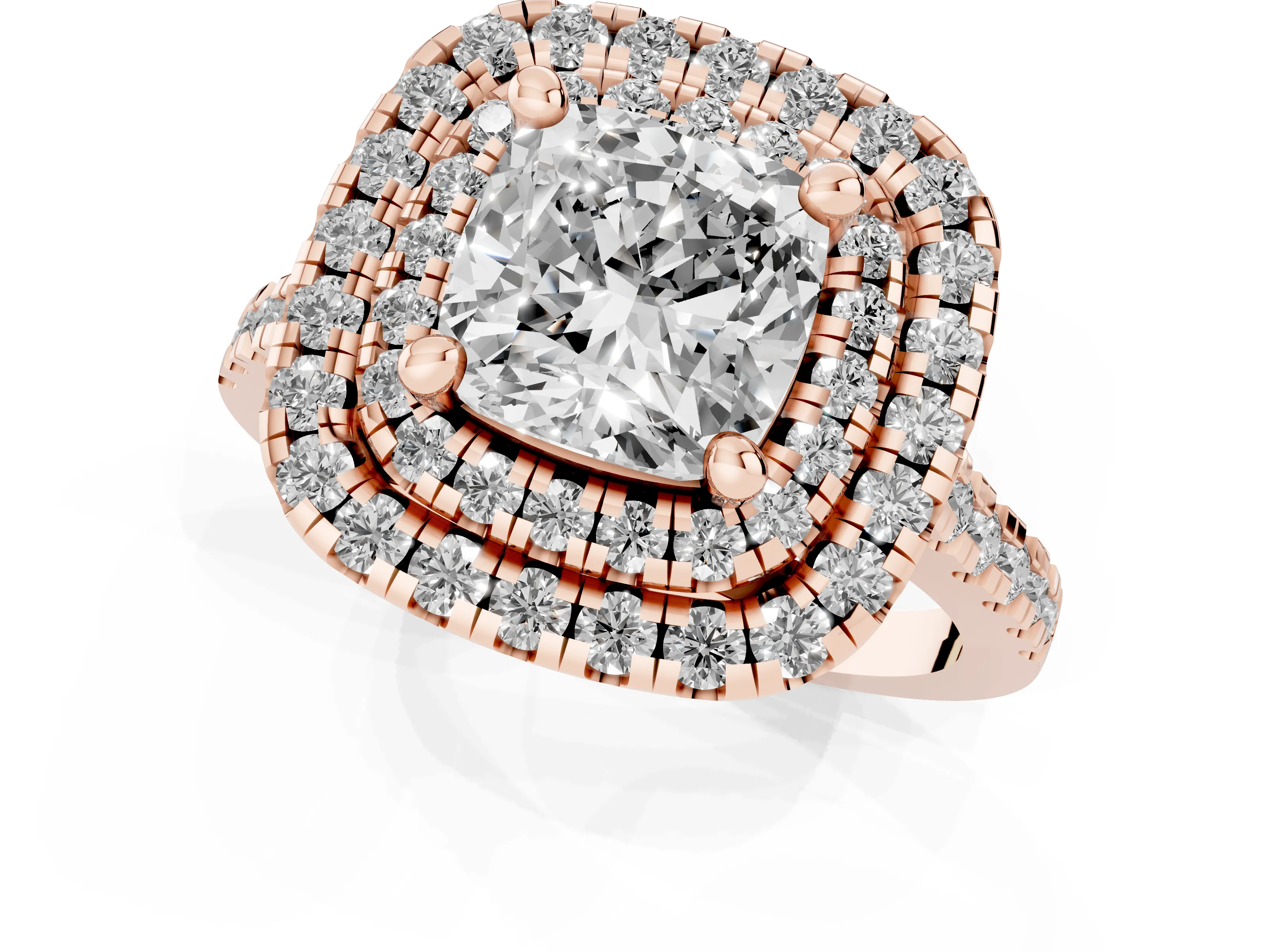 Cushion Cut Diamond Double Halo Statement Ring Set in Rose gold with Pavé Band