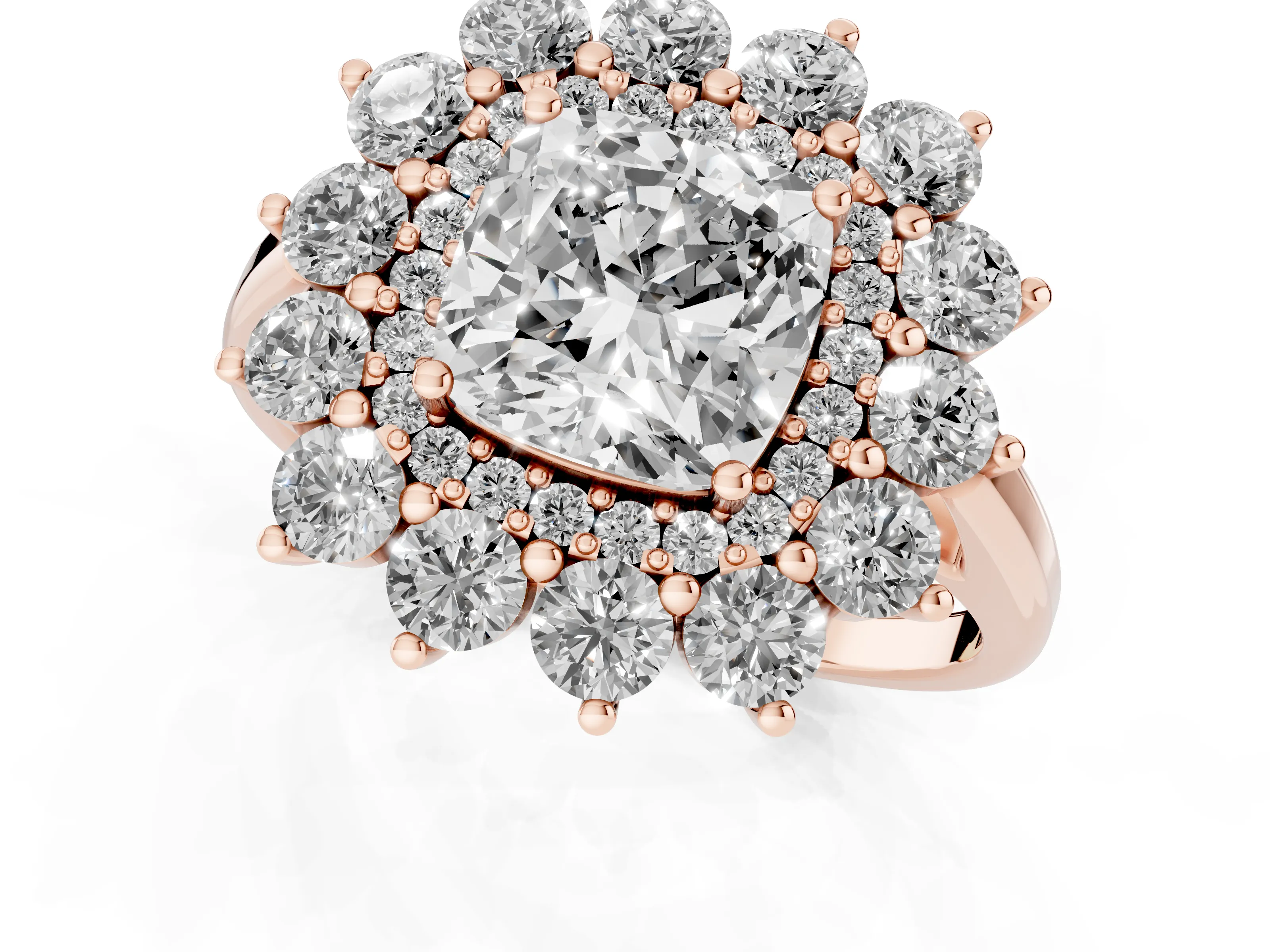 Cushion Cut Diamond Floral Double Halo Ring Set in Rose gold with Round Petals