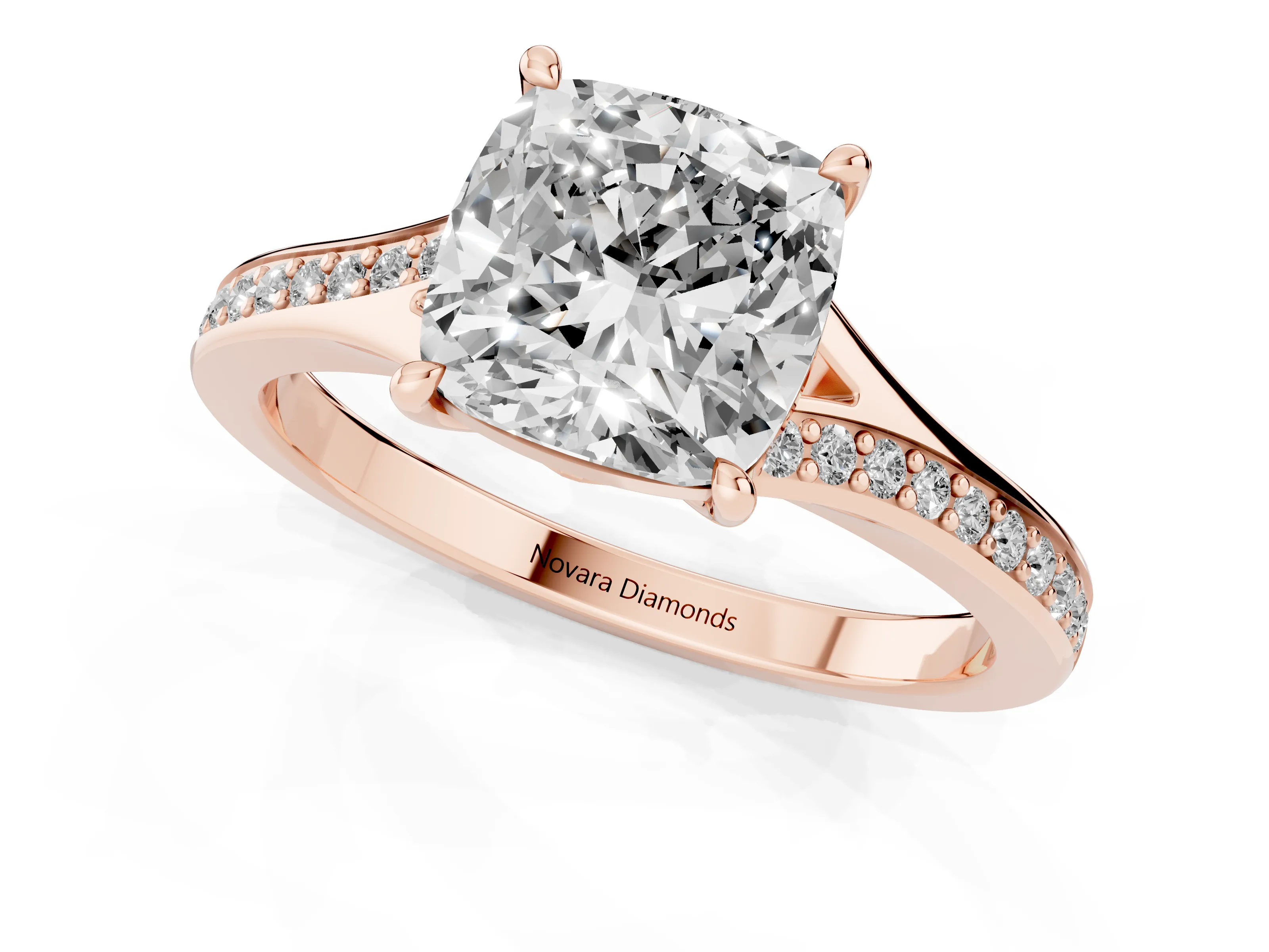 Cushion Cut Diamond Solitaire Ring Set in Rose gold with Pavé Accent Band and Classic Prong Setting