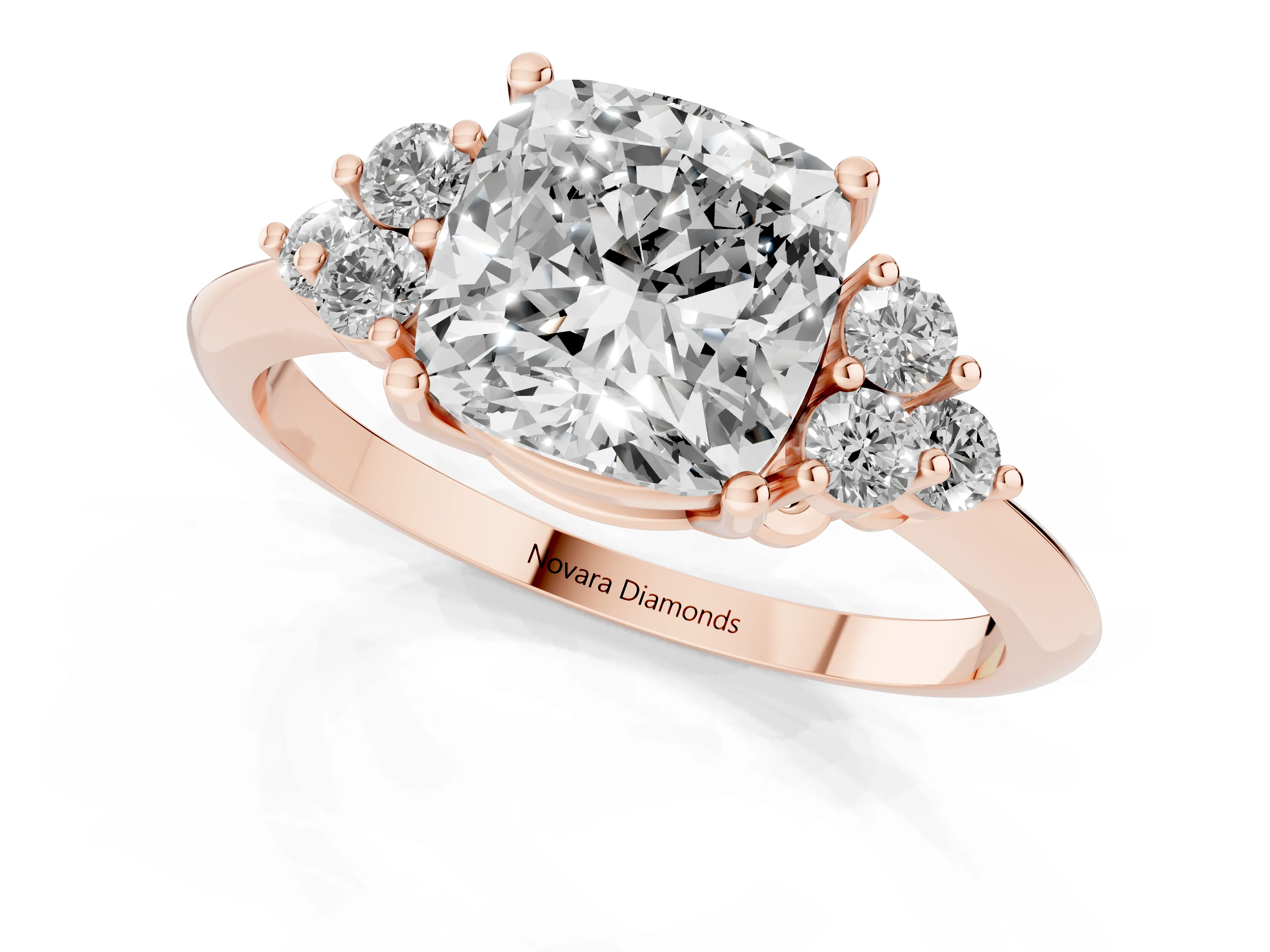 Cushion Cut Diamond Cluster Ring Set in Rose gold with Plain Band and Prong Setting
