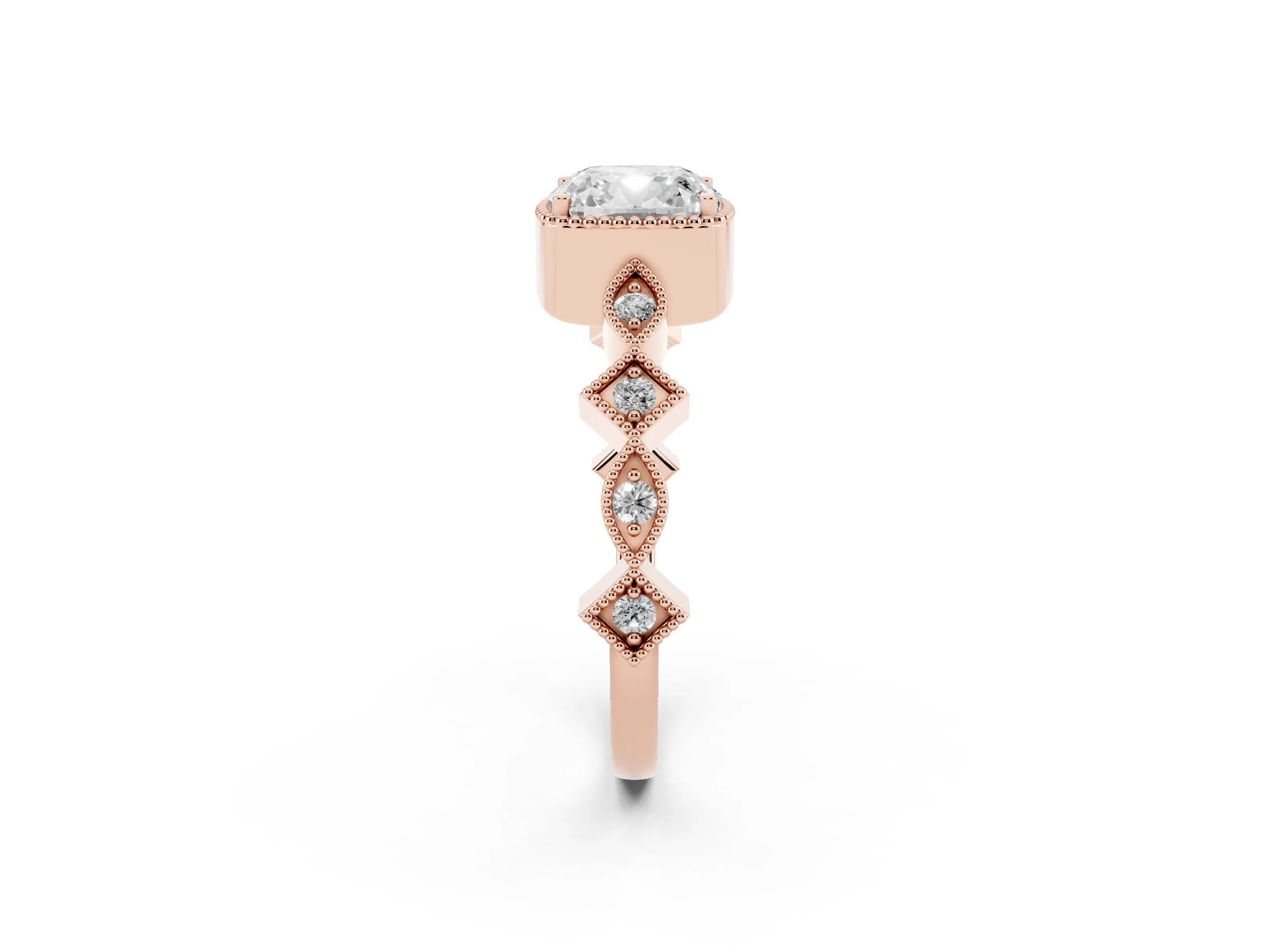 Cushion Cut Diamond Milgrain Marquise Twist Band Ring Set in Rose gold with Prong Setting