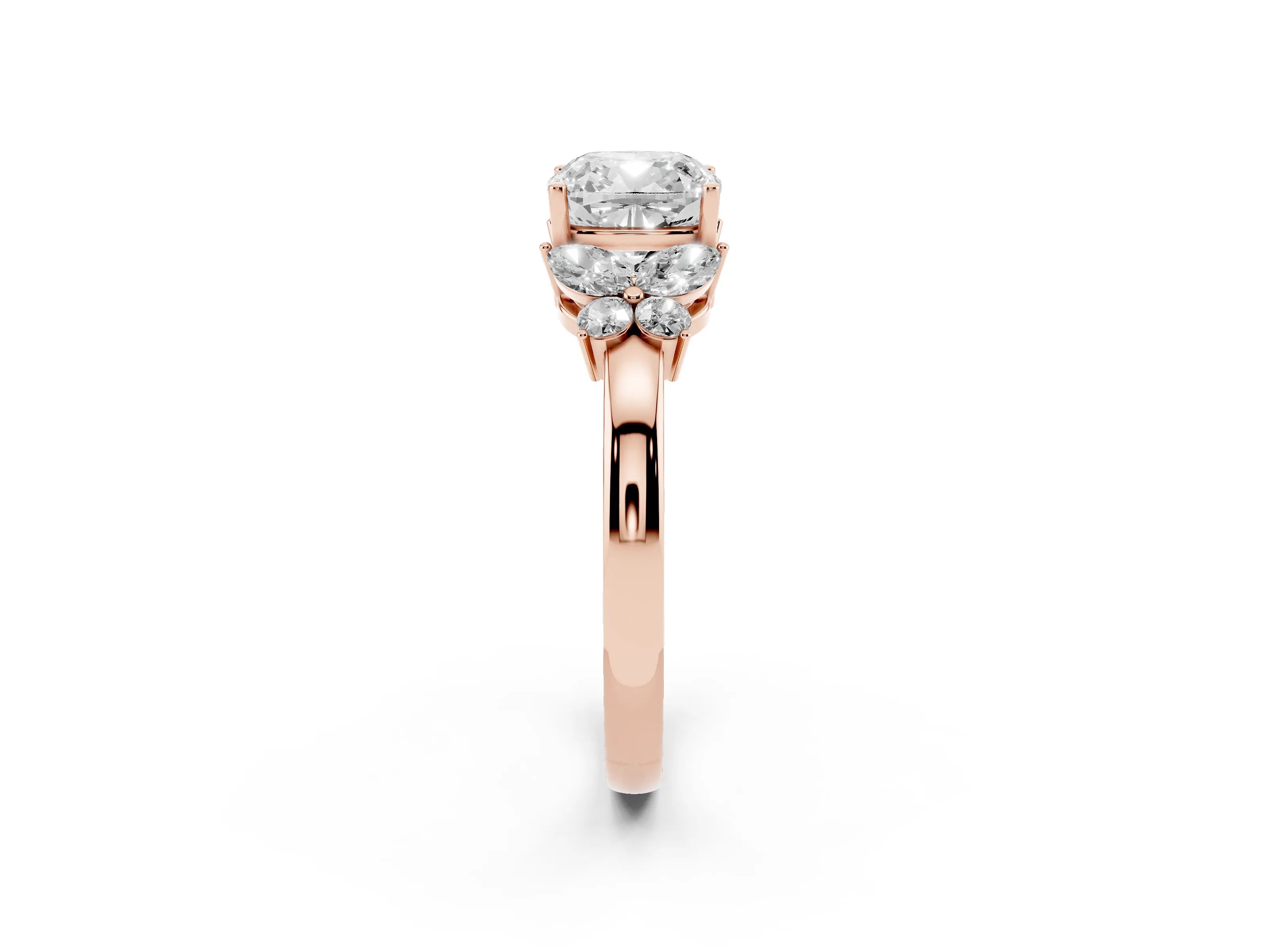 Cushion Cut Diamond Solitaire Floral Ring Set in Rose gold with Marquise Petals and Prong Setting