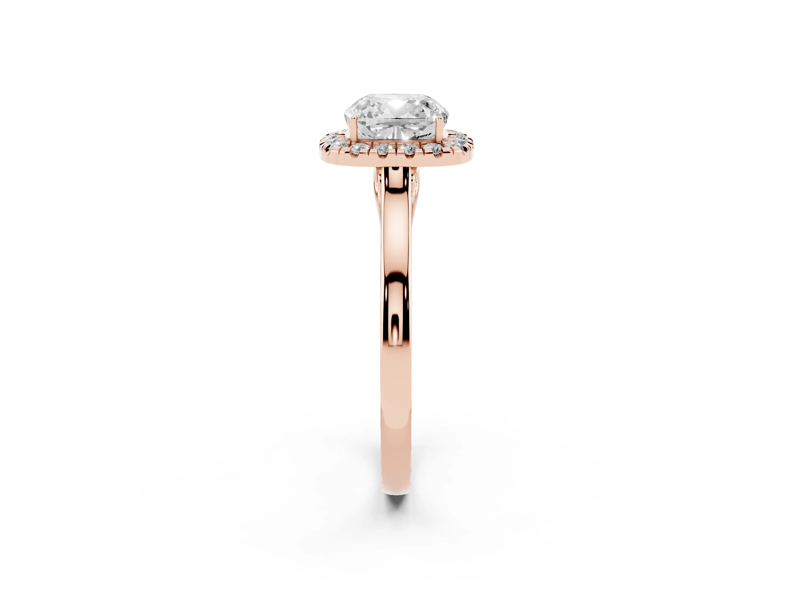 Cushion Cut Halo Round Diamond Solitaire Ring Set in Rose gold with Pavé Band and Prong Setting