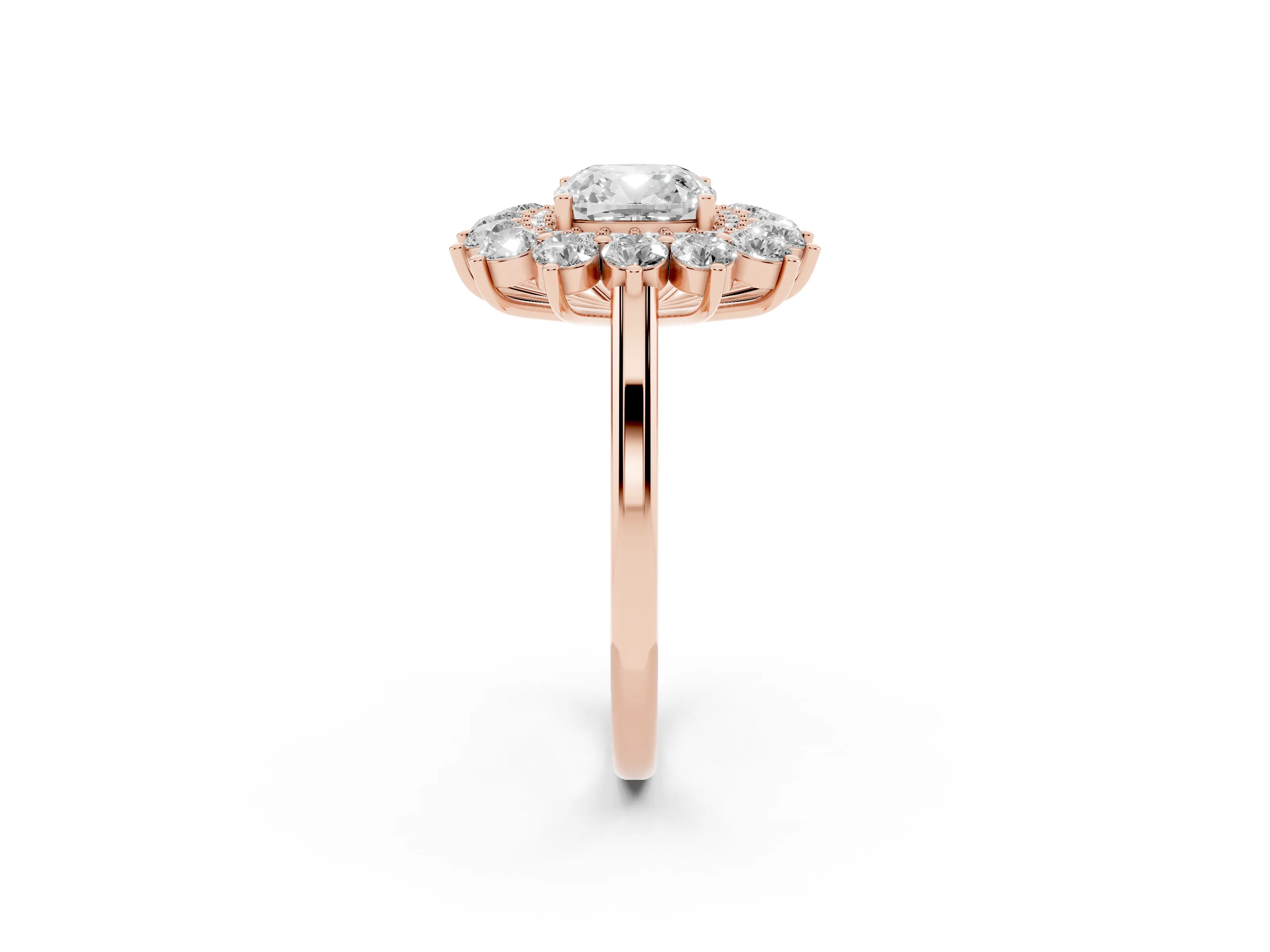 Cushion Cut Diamond Floral Double Halo Ring Set in Rose gold with Round Petals