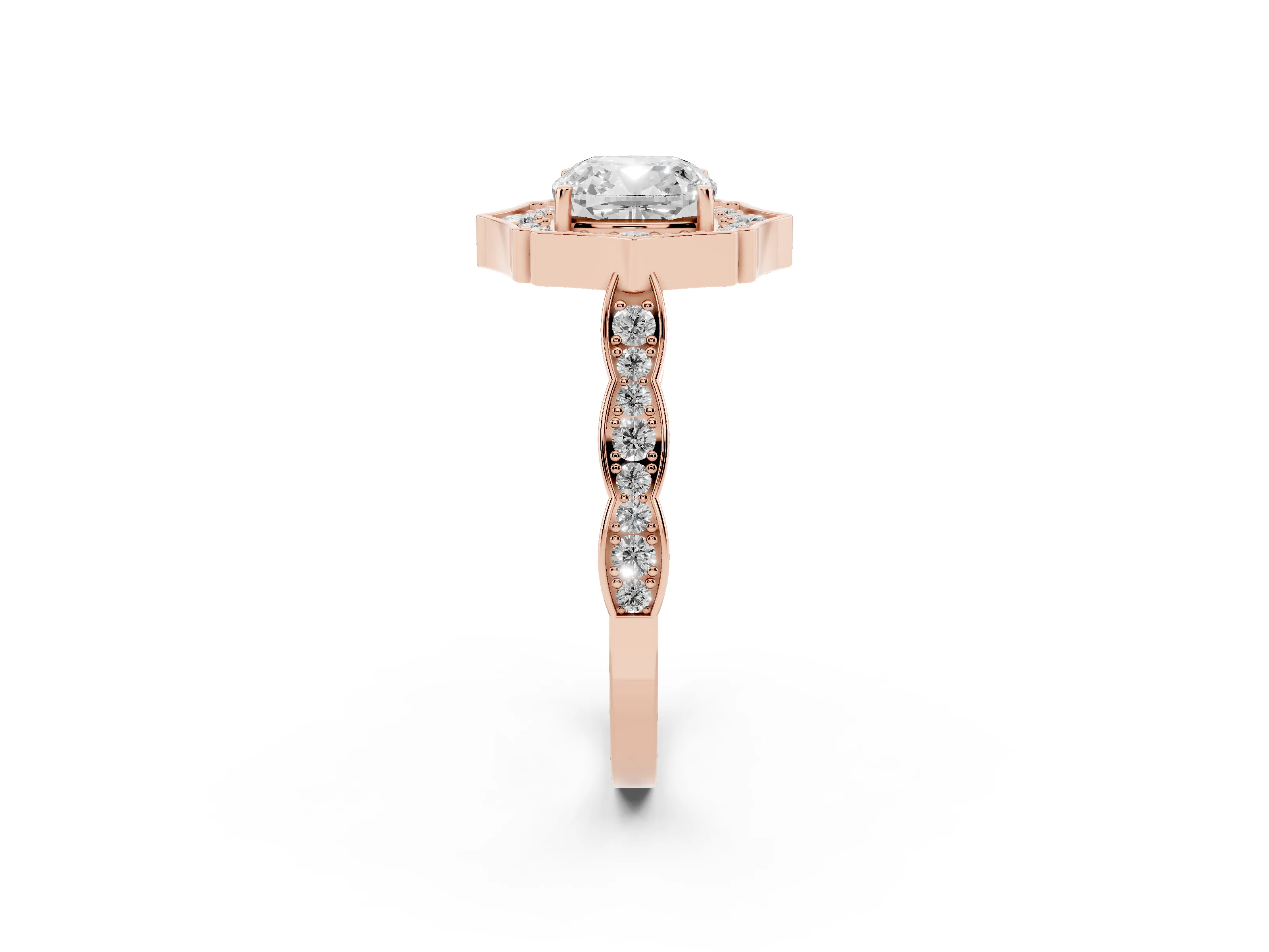 Cushion Cut Diamond Halo Engagement Ring Set in Rose gold with Milgrain Band and Prong Setting