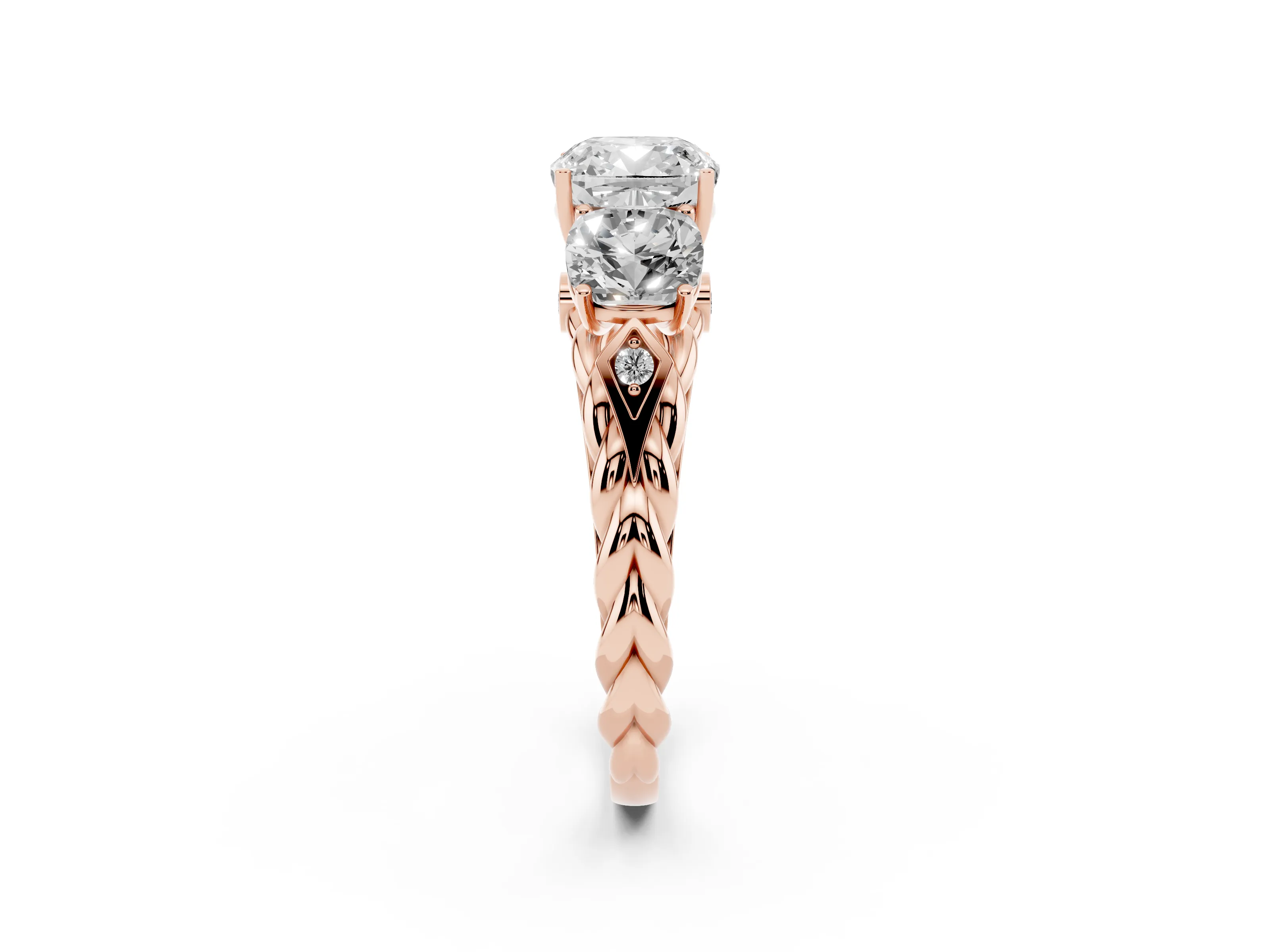 Cushion Cut Diamond Three-Stone Ring Set in Rose gold with Braided Band