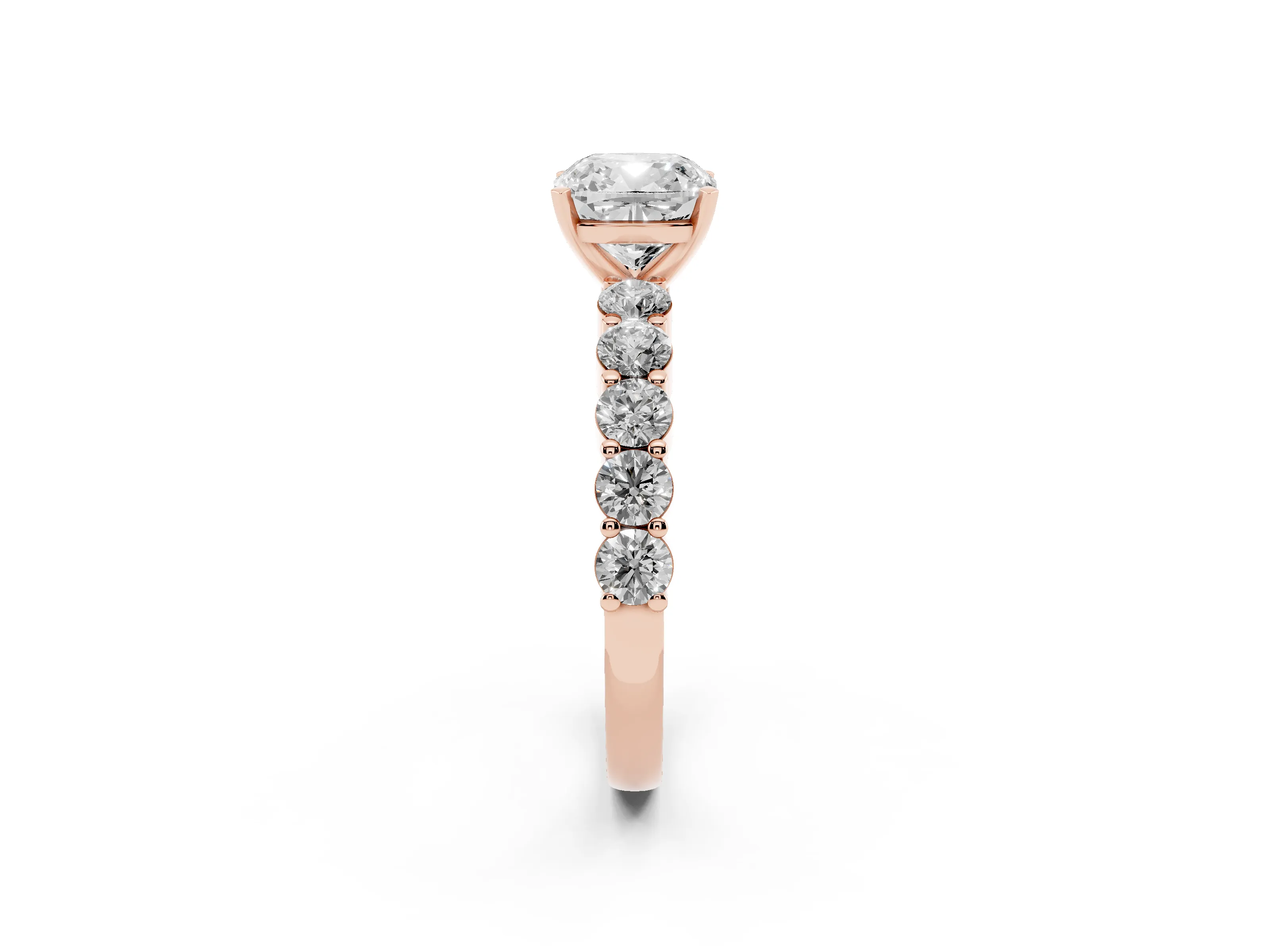 Cushion Cut Diamond Solitaire Ring Set in Rose gold with Shared Prong Round Side Stones