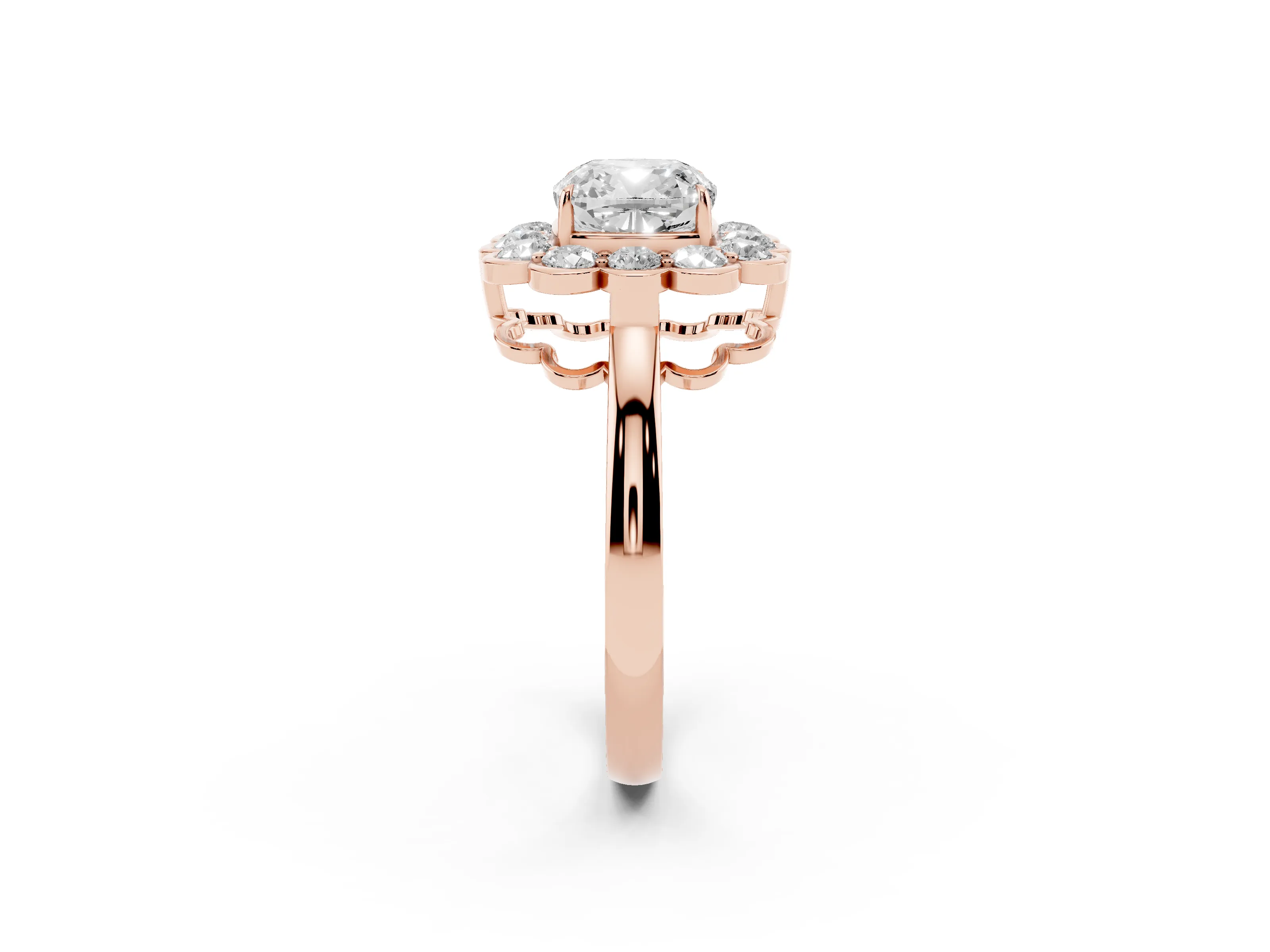 Cushion Cut Diamond Halo Cluster Engagement Ring Set in Rose gold with Solitaire Band and Prong Setting