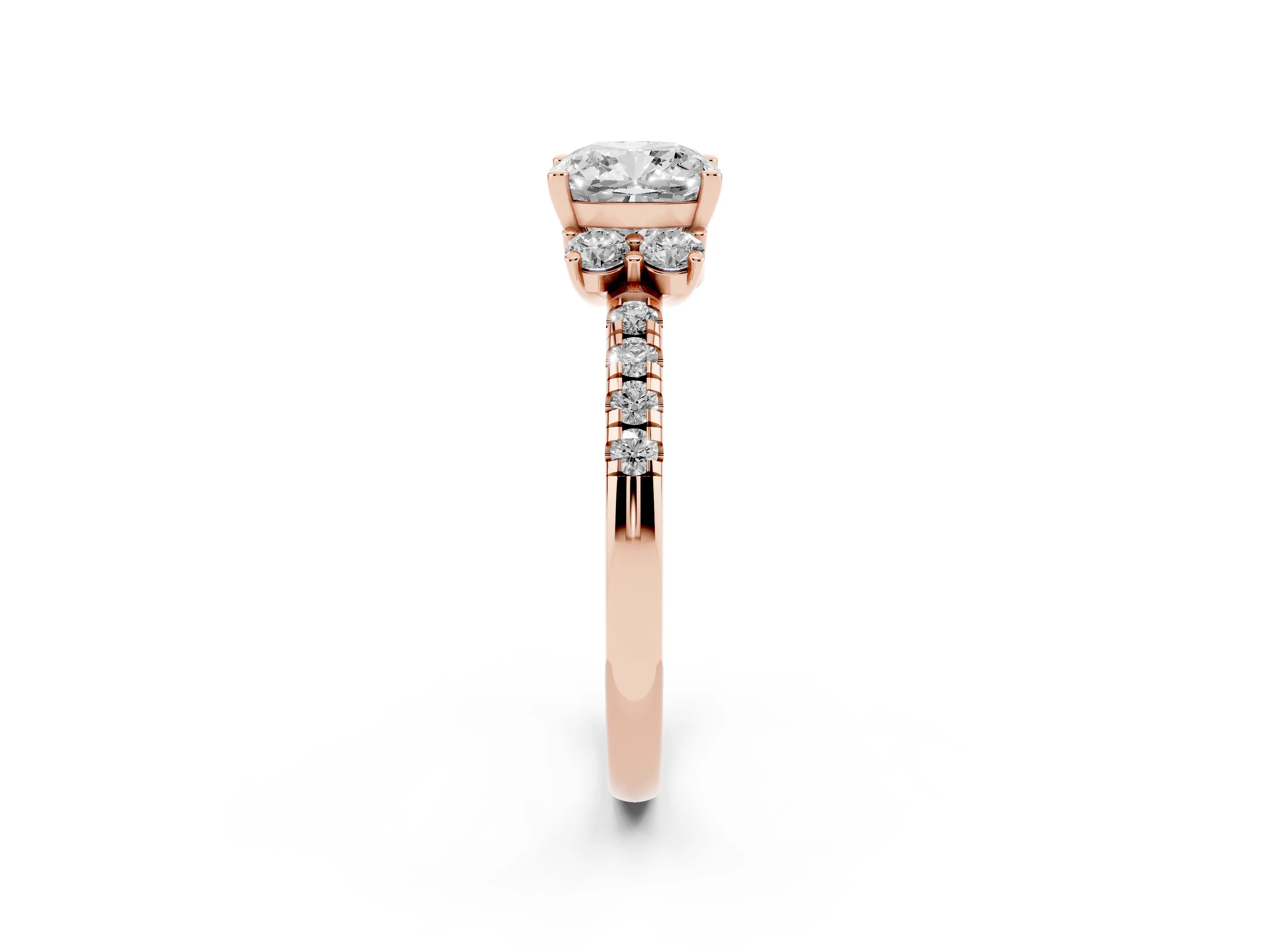 Cushion Cut Diamond Three-Stone Pavé Ring Set in Rose gold with Prong Setting