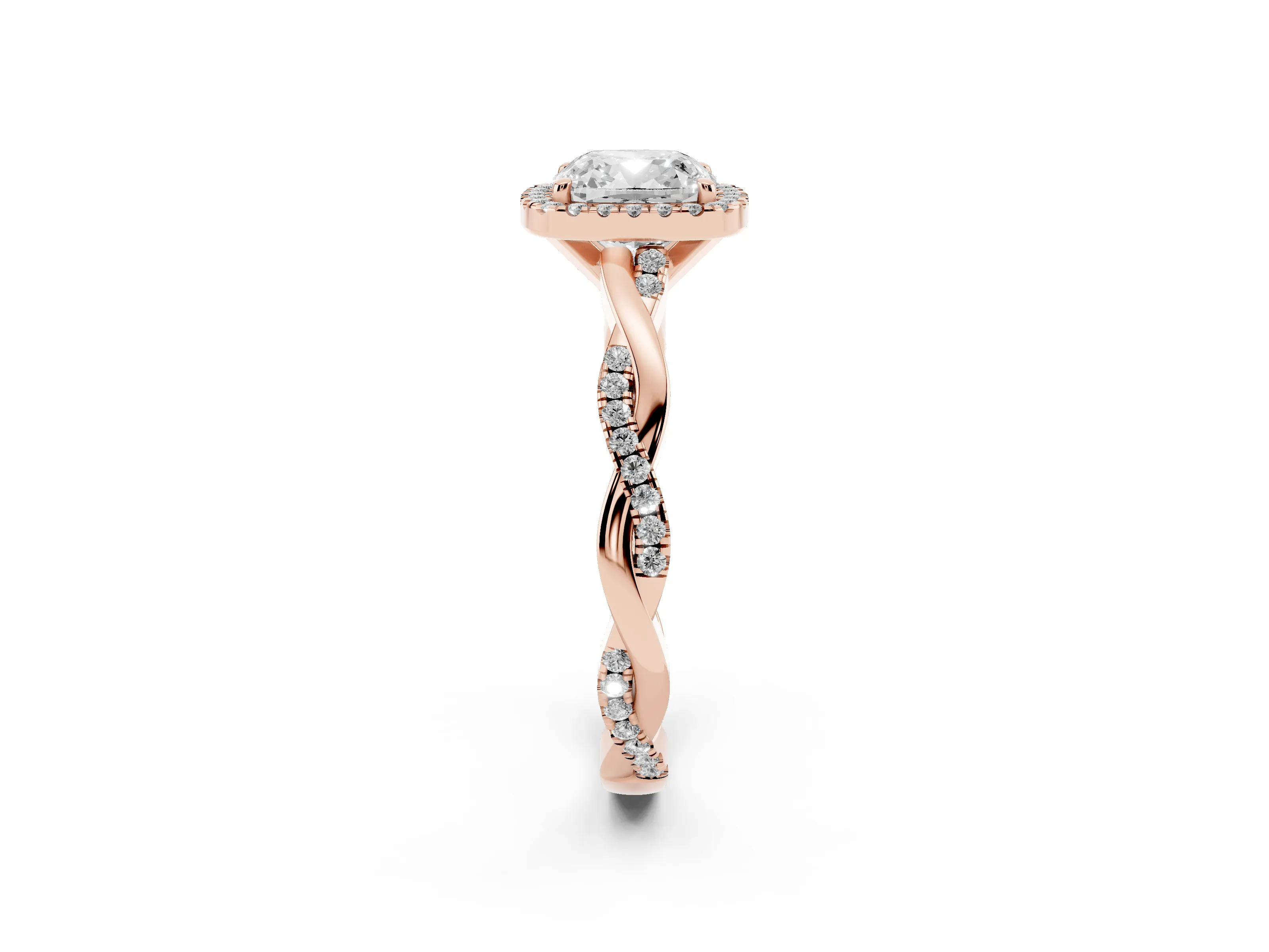 Cushion Cut Twisted Halo Engagement Ring Setting | Pavé and Plain Strands | Rose Gold
