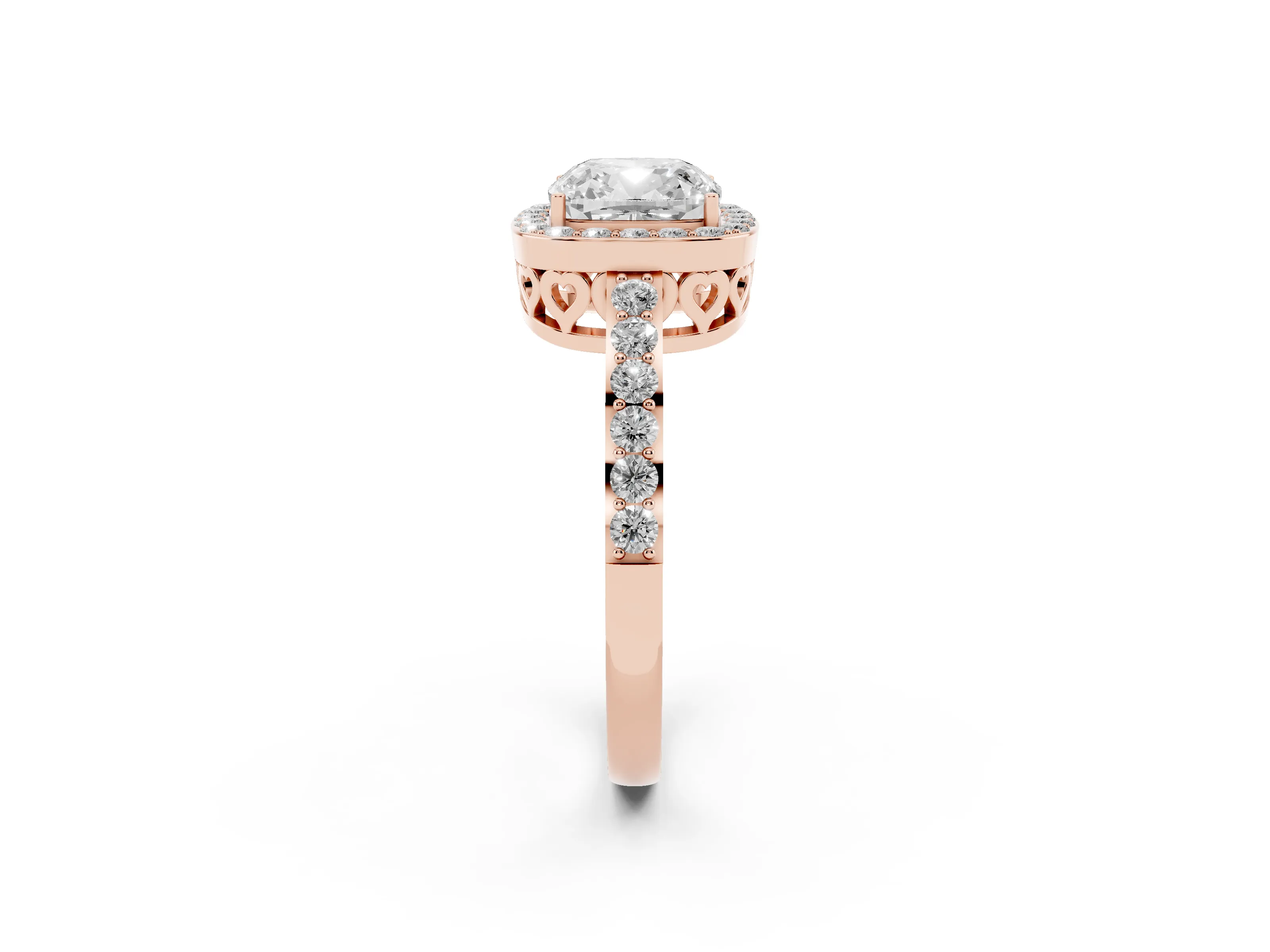 Cushion Cut Diamond Halo Ring Set in Rose gold with Pavé-Setting Band and Open Prong Center