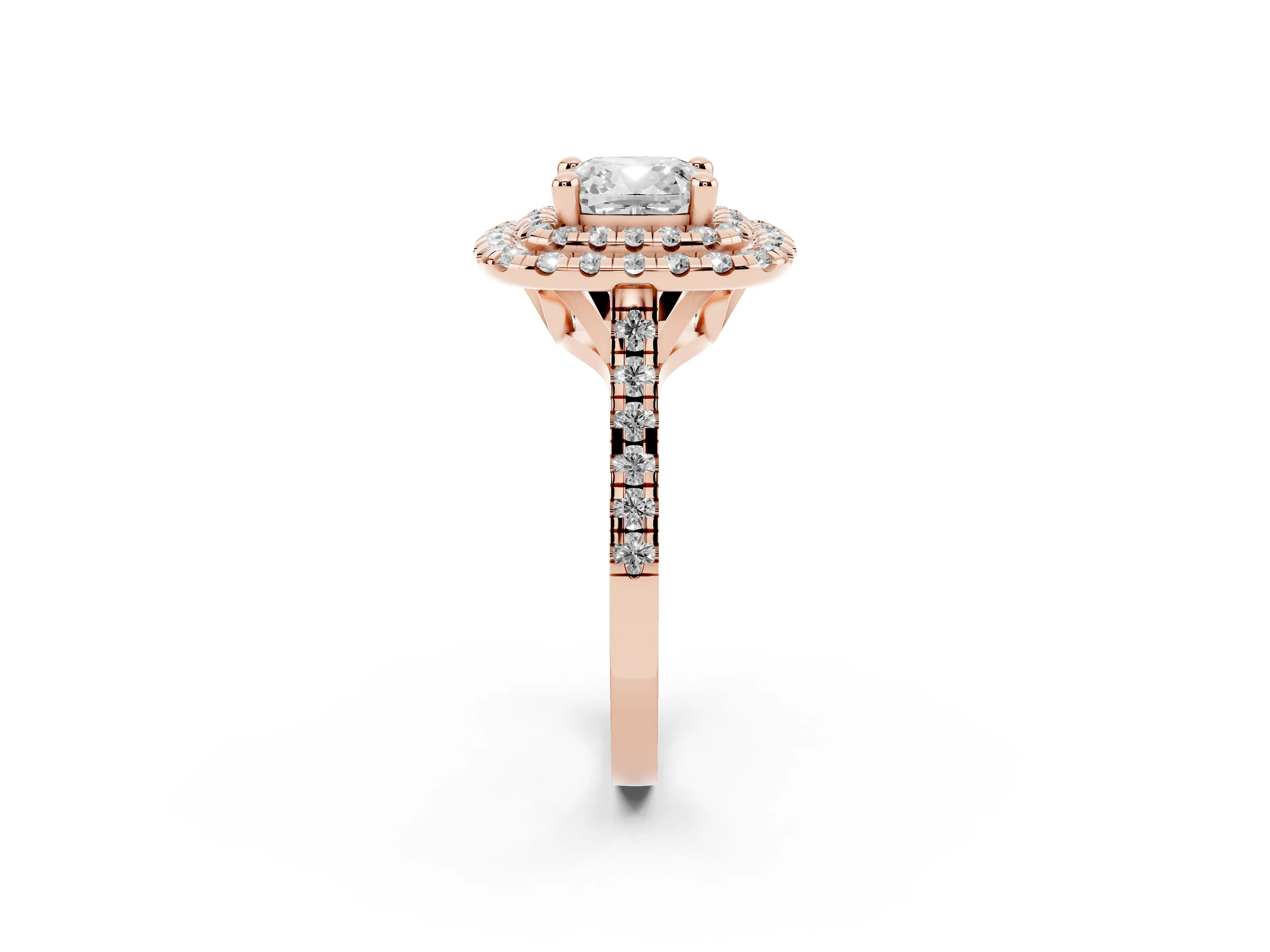 Cushion Cut Diamond Double Halo Statement Ring Set in Rose gold with Pavé Band