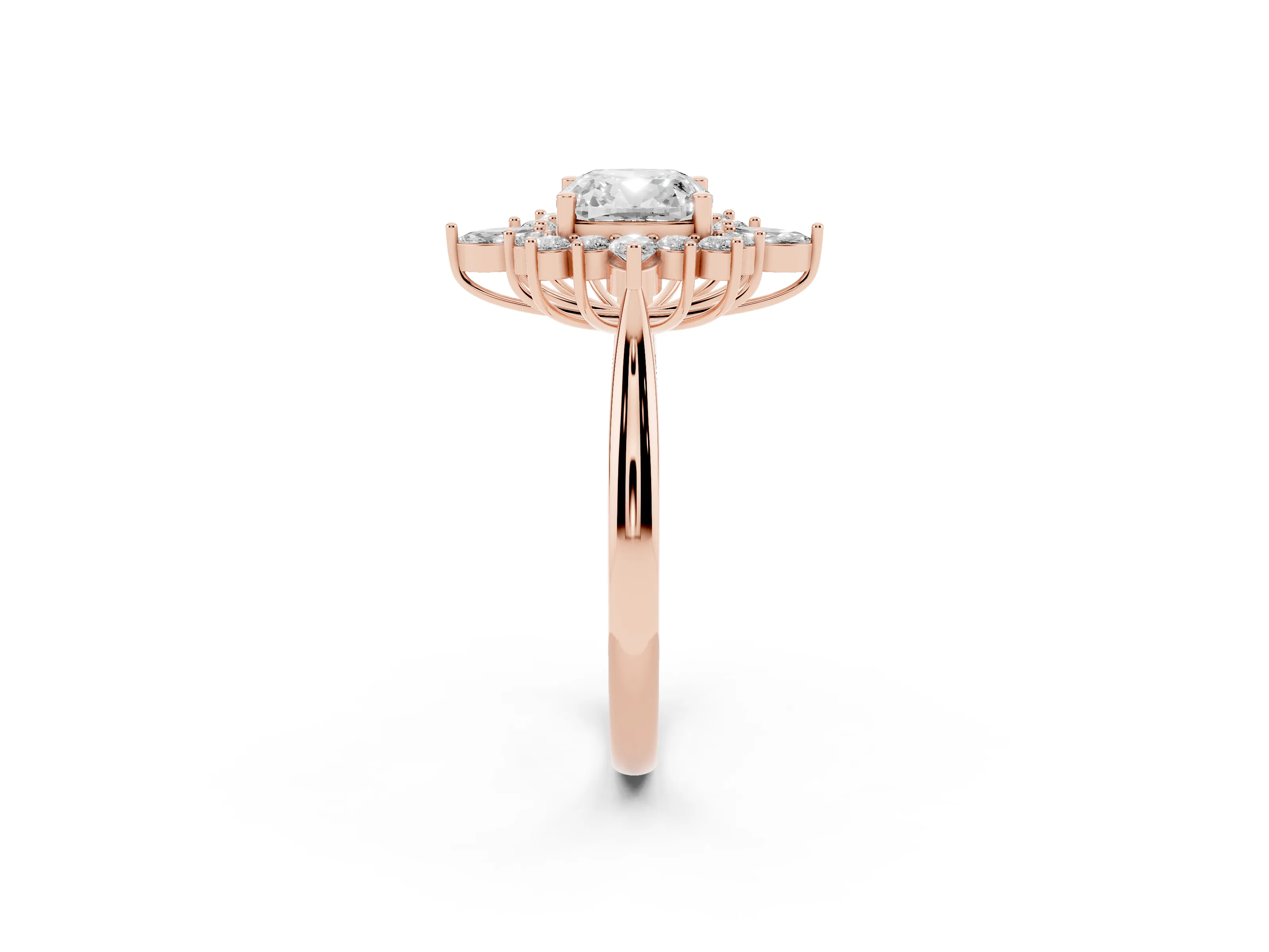 Cushion Cut Diamond Cluster Halo Ring Set in Rose gold with Marquise and Round Accents