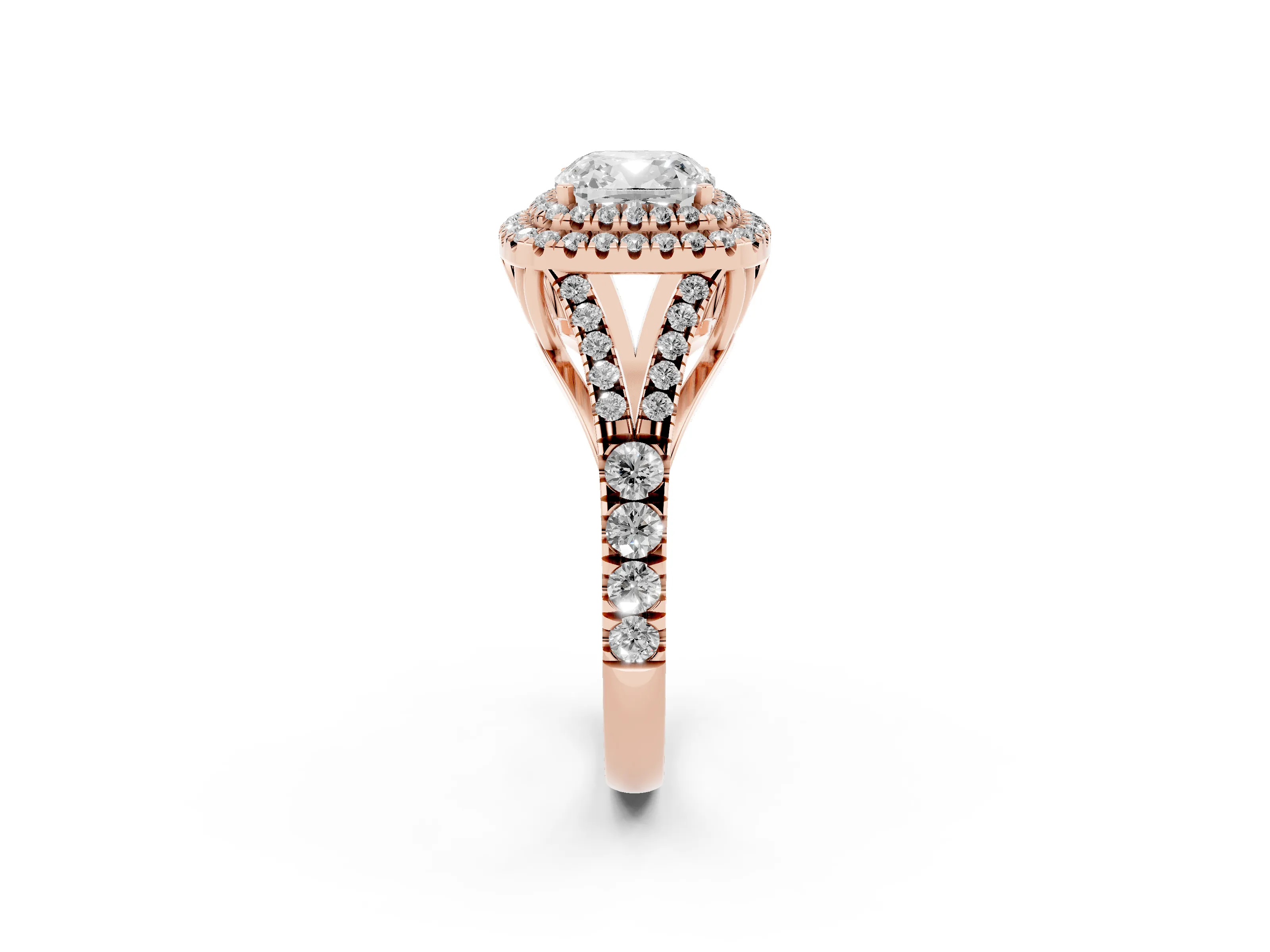 Cushion Cut Diamond Pavé Split Shank Double Halo Engagement Ring Set in Rose gold