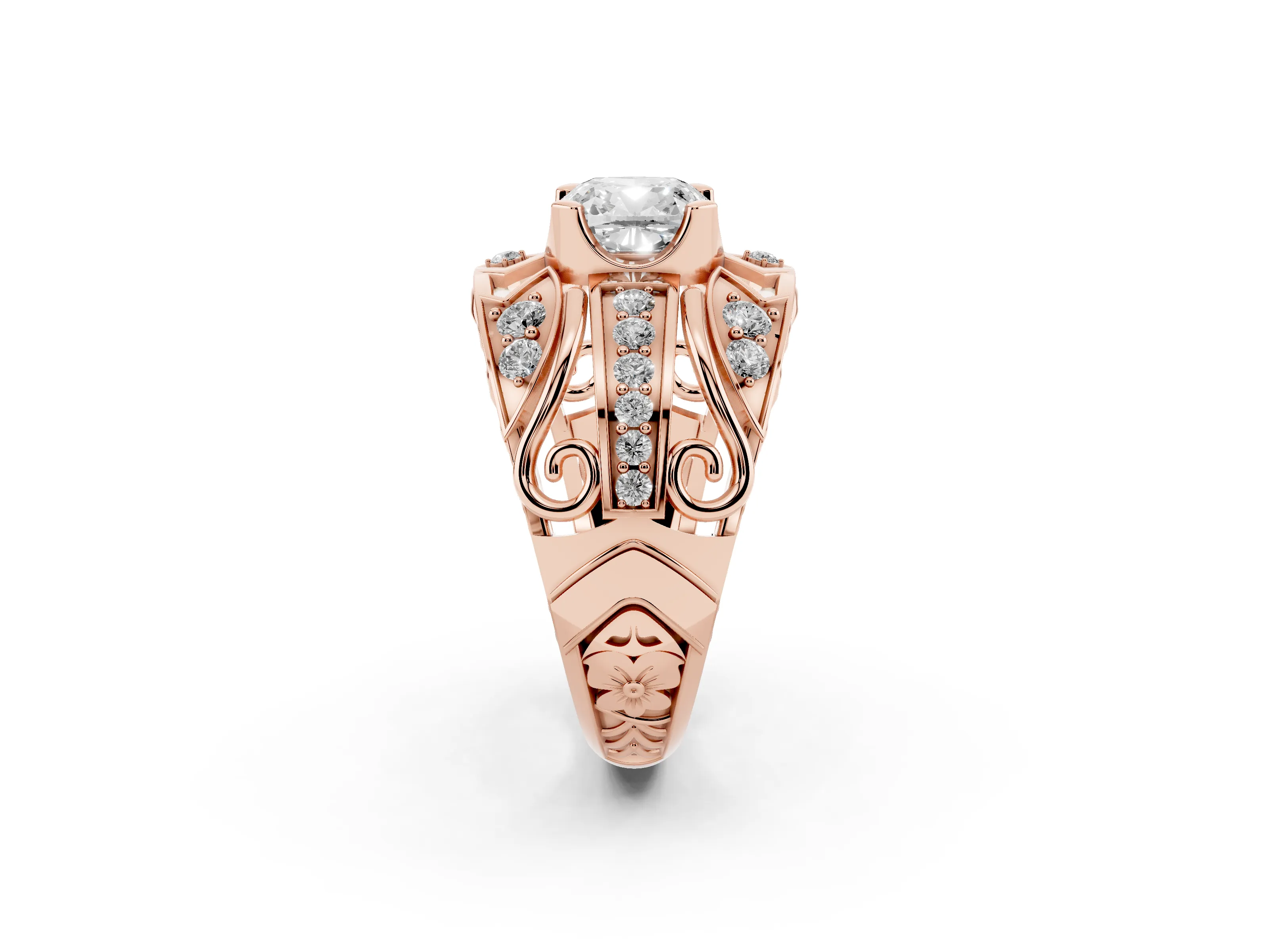 Cushion Cut Diamond Art Deco Ring Set in Rose gold with Pavé Split Shank