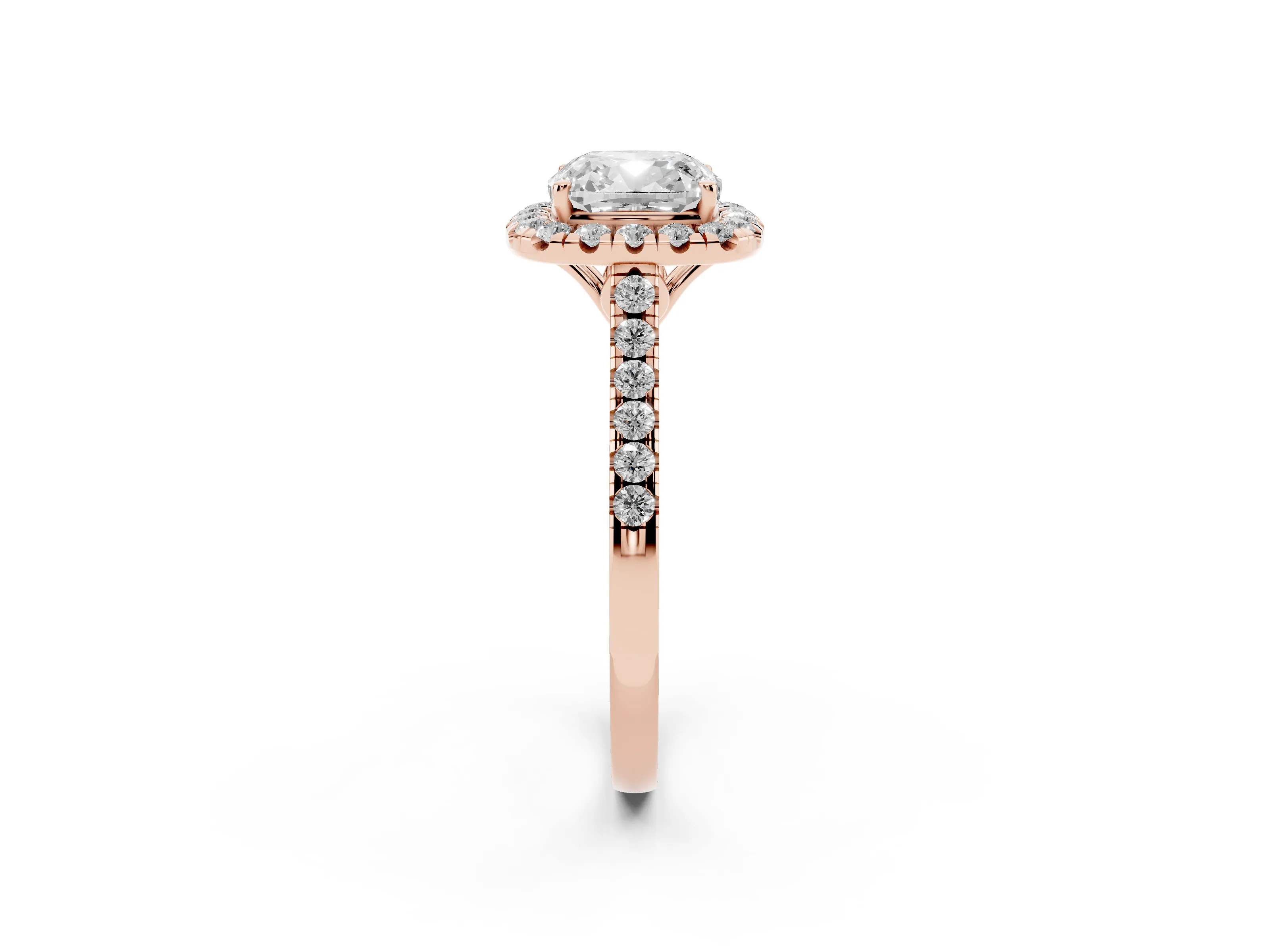 Cushion Cut Diamond Pavé Halo Engagement Ring Set in Rose gold with Pavé Band and Prong Setting