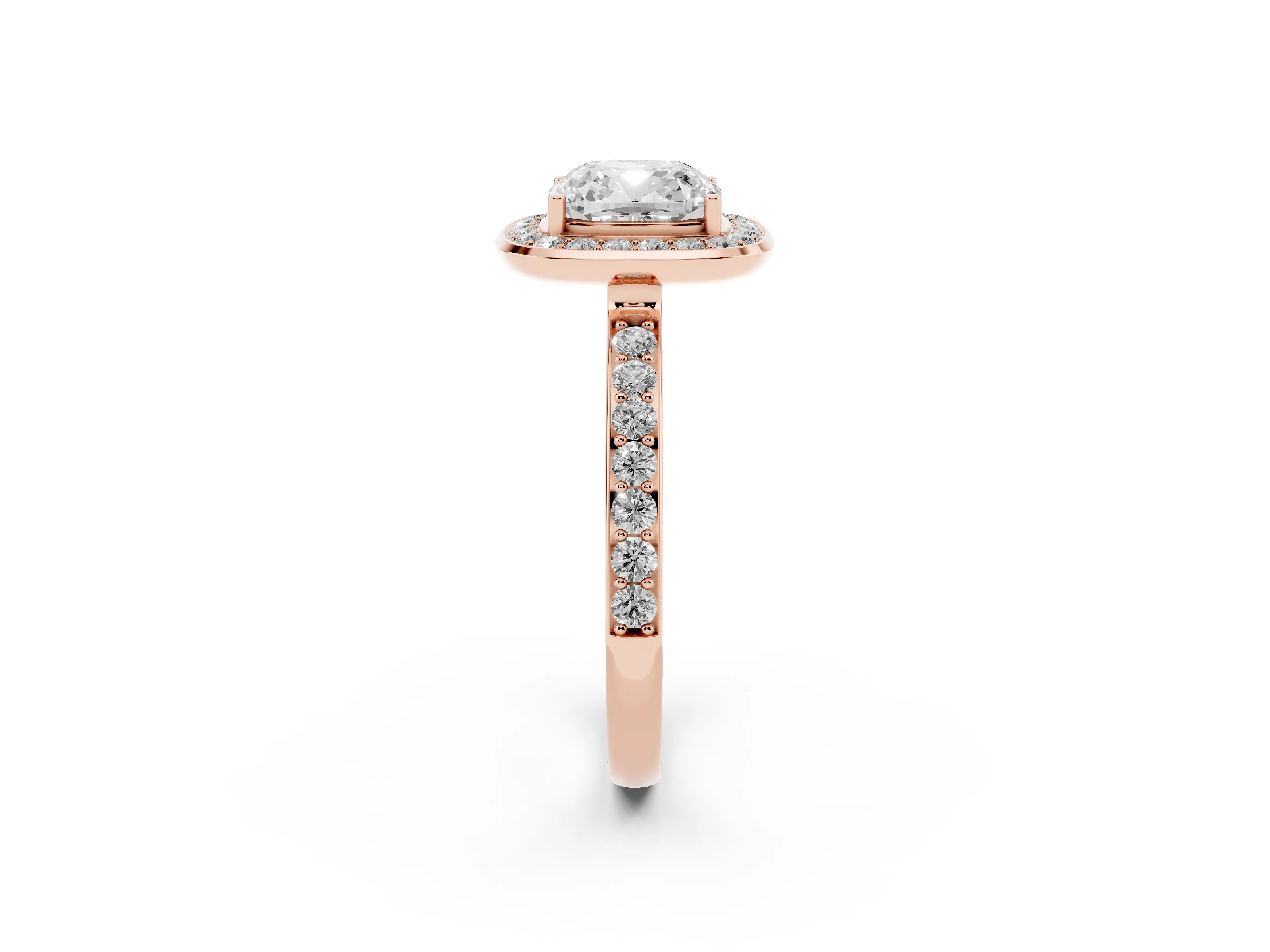 Cushion Cut Diamond Halo Ring Set in Rose gold with Bezel Frame and Pavé Band