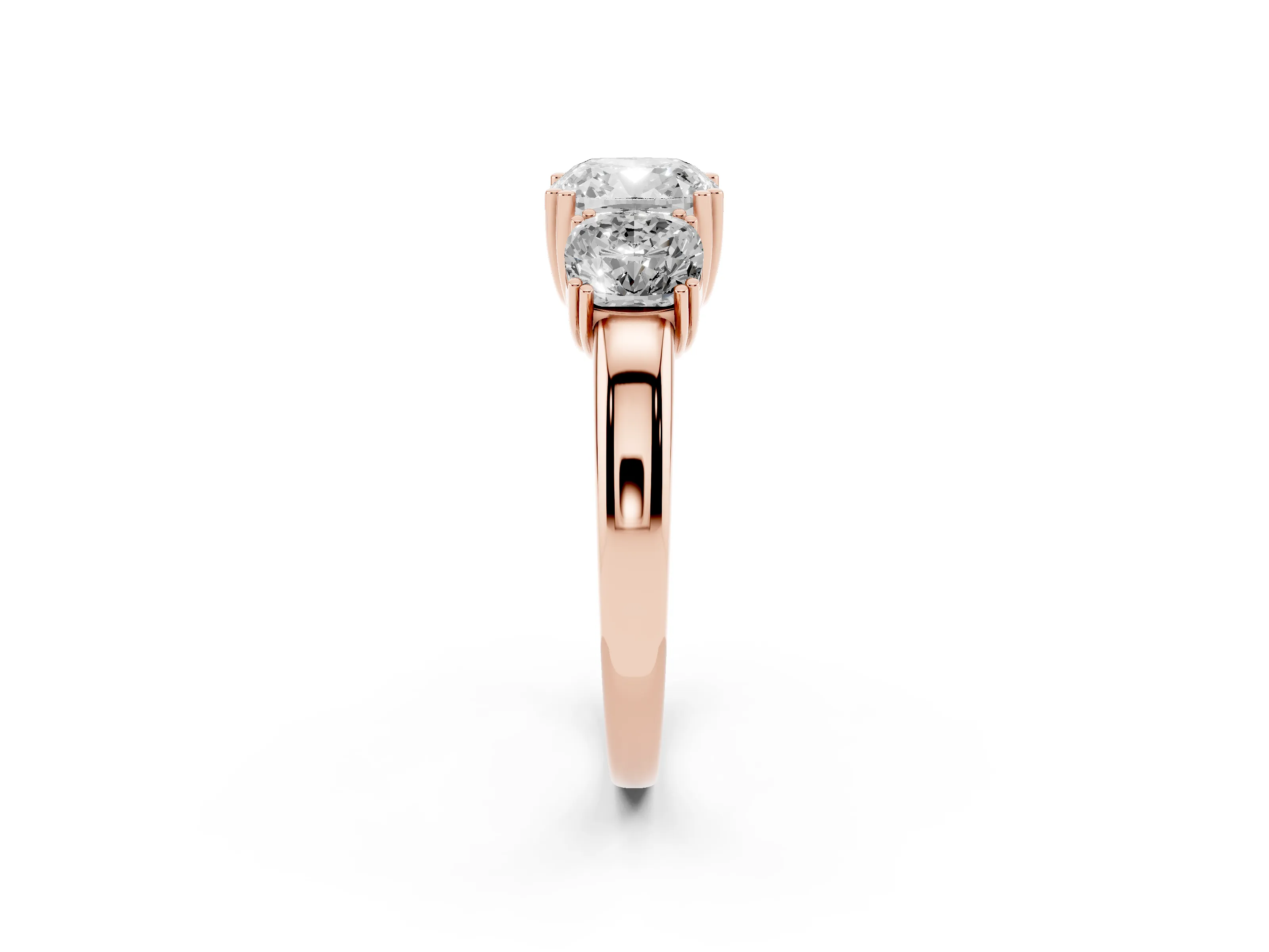 Cushion Cut Diamond Three-Stone Ring Set in Rose gold with Polished Band and Prong Setting