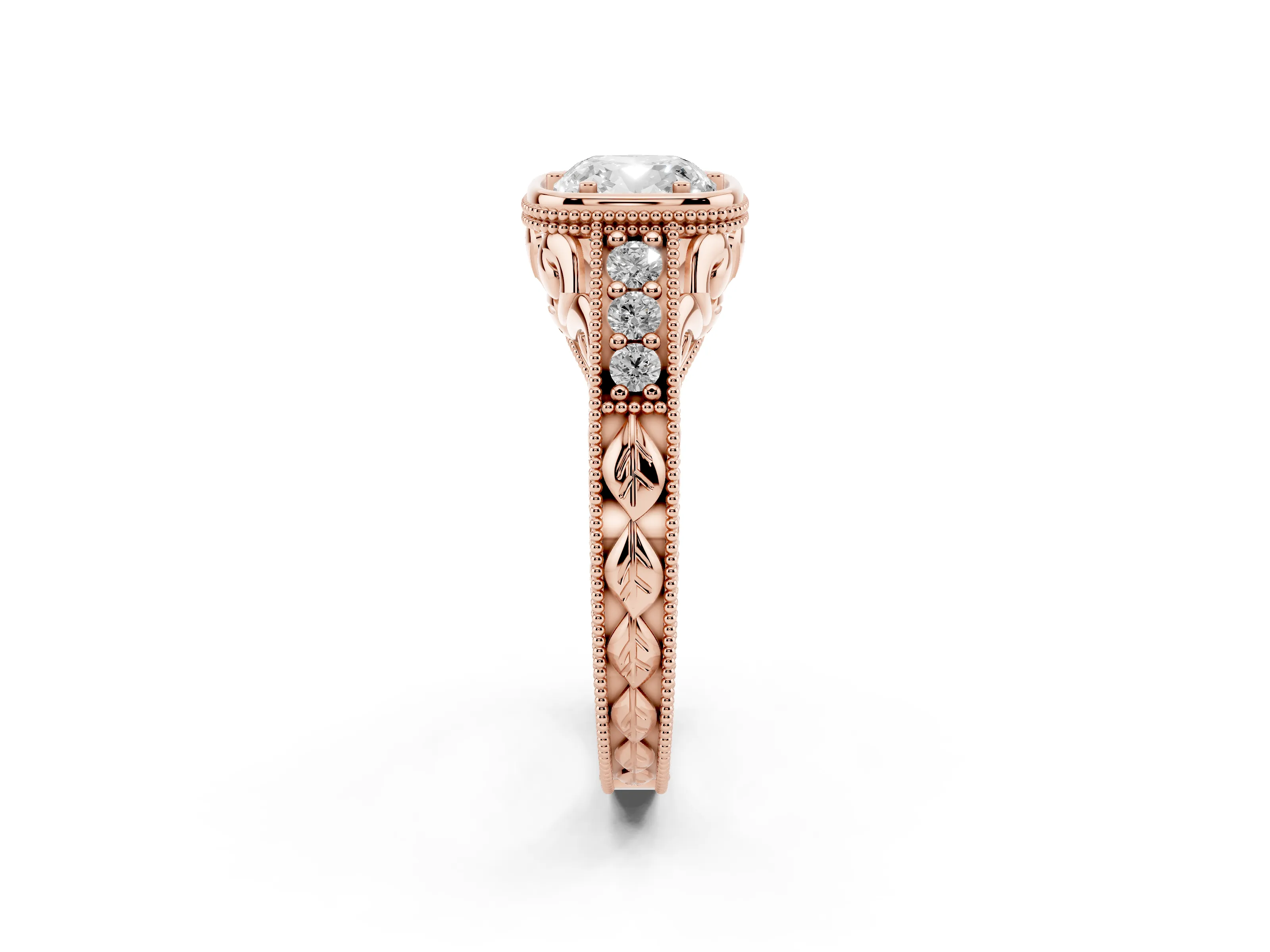 Bezel Set Cushion Cut Diamond Milgrain Pavé Engagement Ring Set in Rose gold