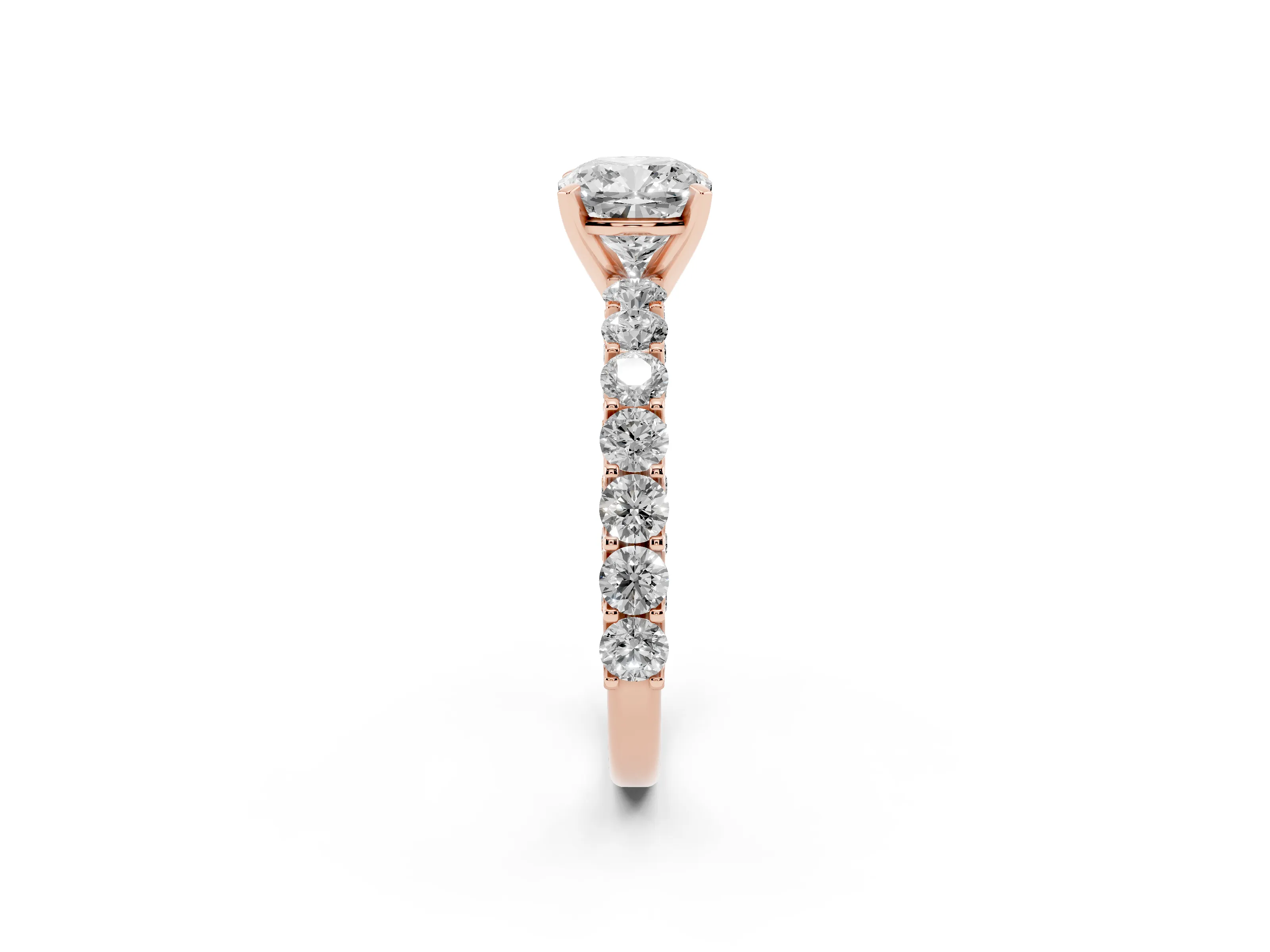 Cushion Cut Diamond Solitaire Ring Set in Rose gold with Shared Prong Pavé Band