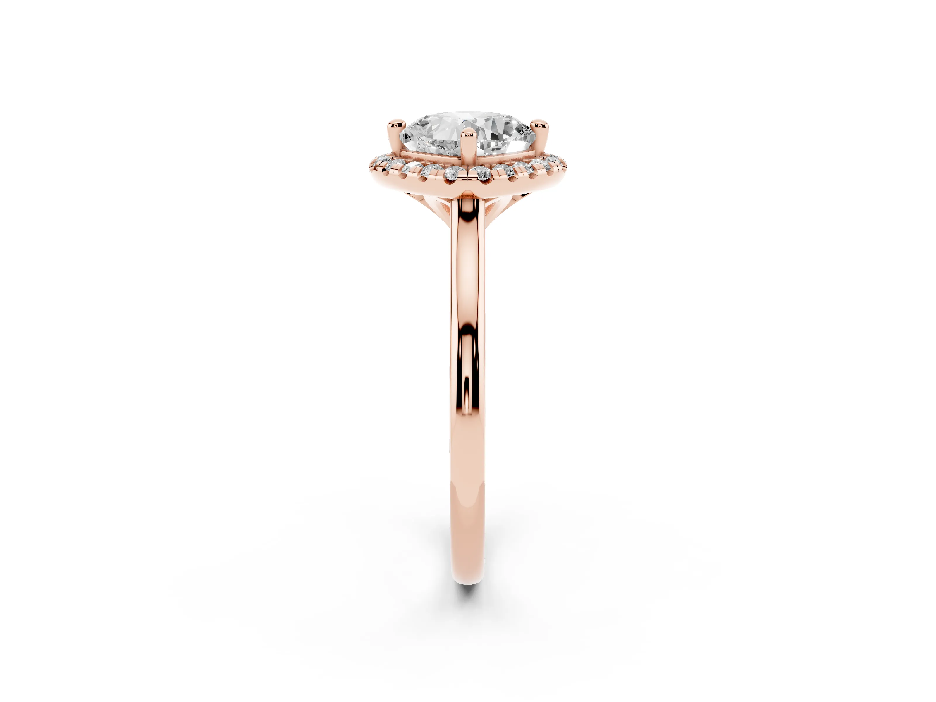 Cushion Cut Diamond Halo Engagement Ring Set in Rose gold with Pavé Band and Rising Shoulders