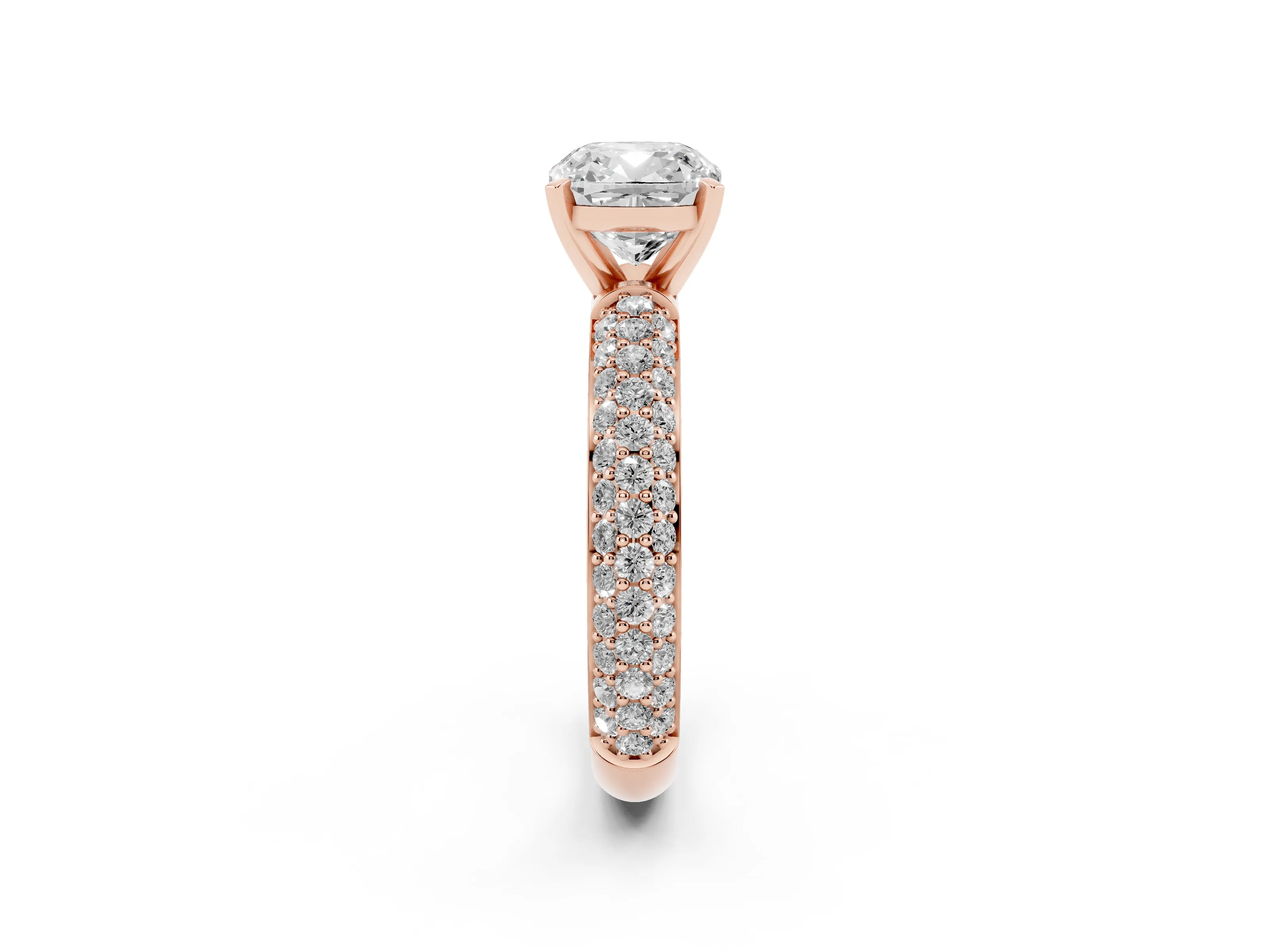 Cushion Cut Diamond Solitaire Ring Set in Rose gold with Prong Setting and Pavé-Set Band