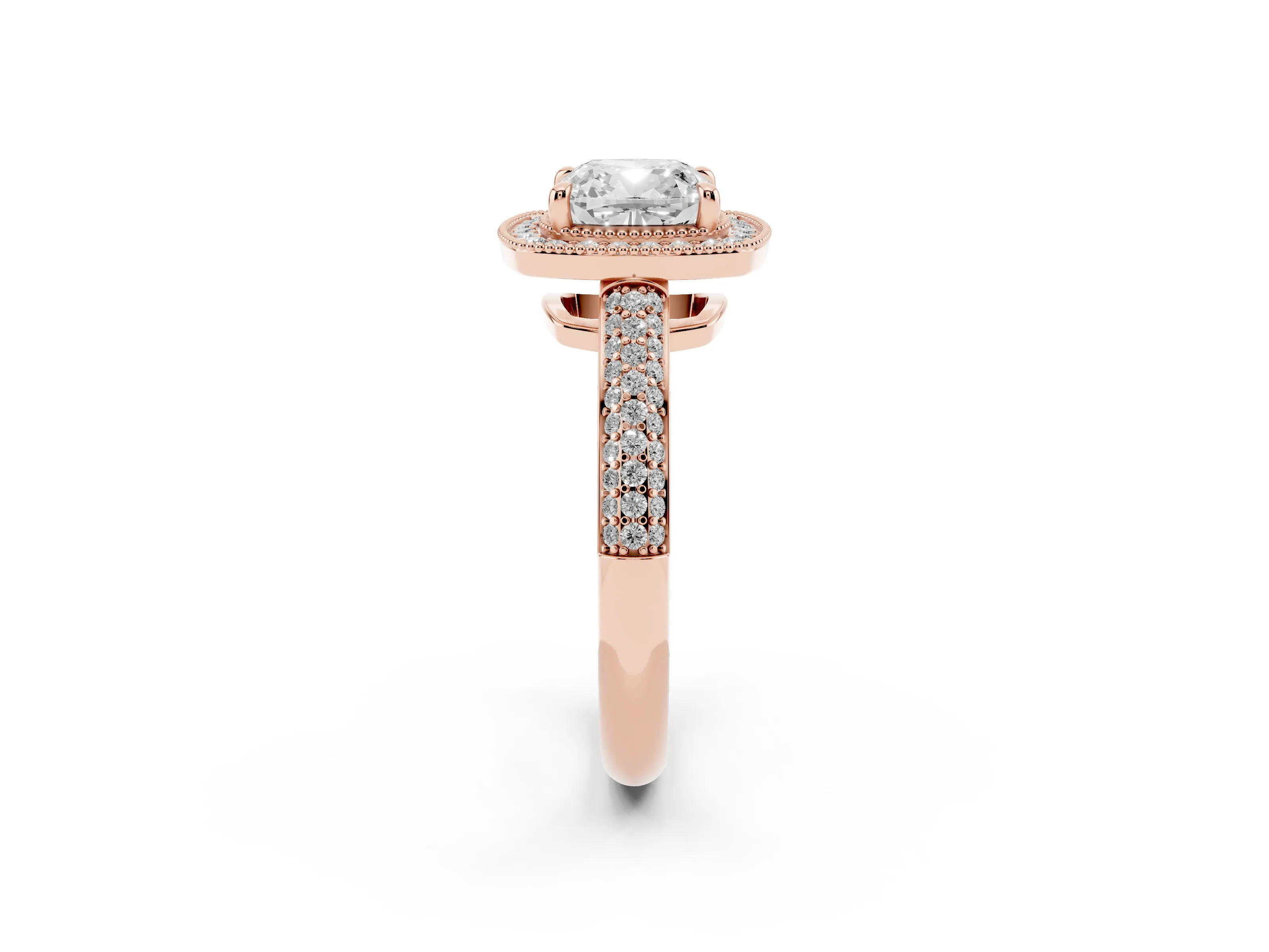 Cushion Cut Diamond Halo Pavé Band Set in Rose gold with Prong Setting