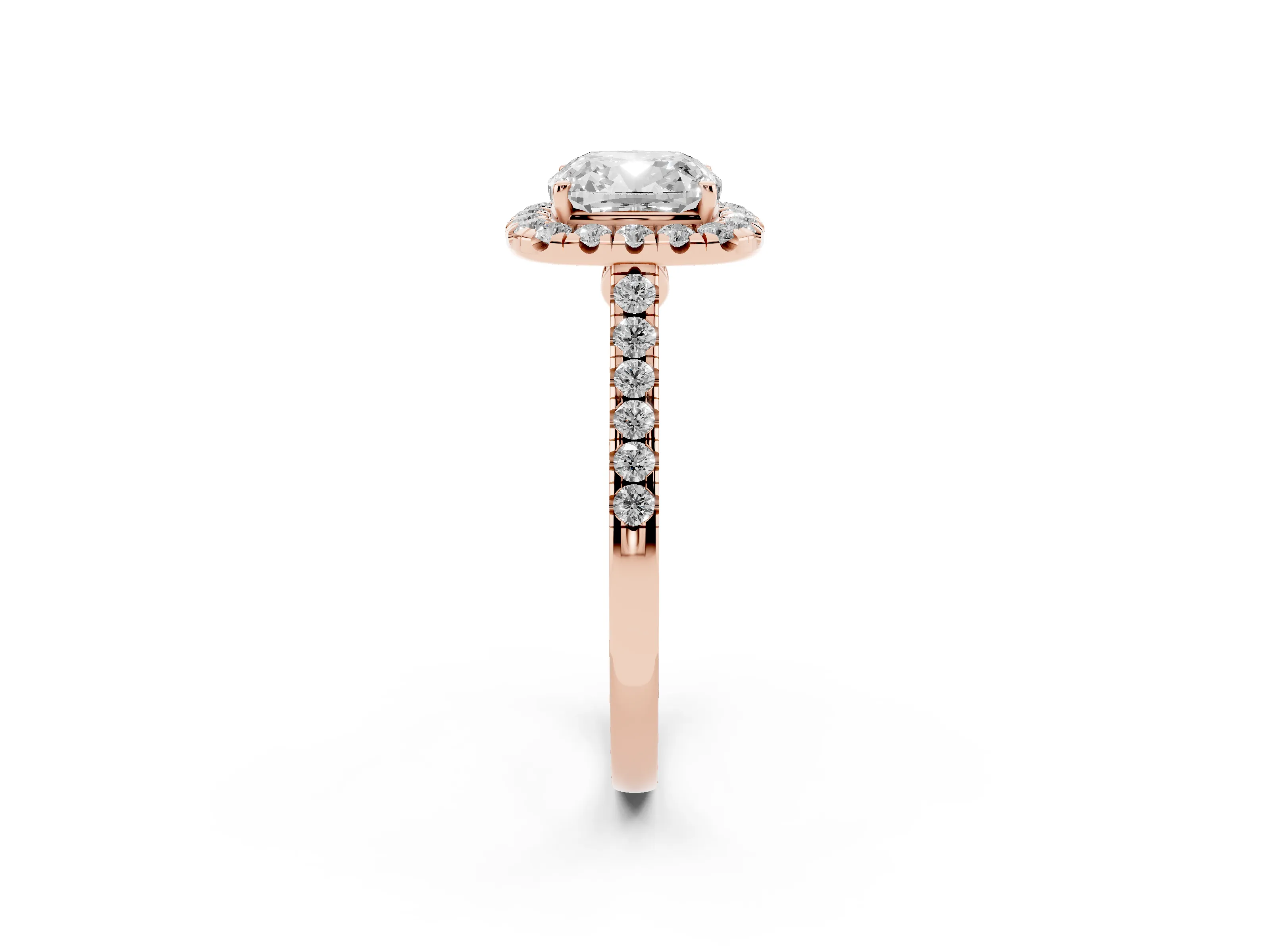Cushion Cut Diamond Halo Pavé Engagement Ring Set in Rose gold with Prong Setting