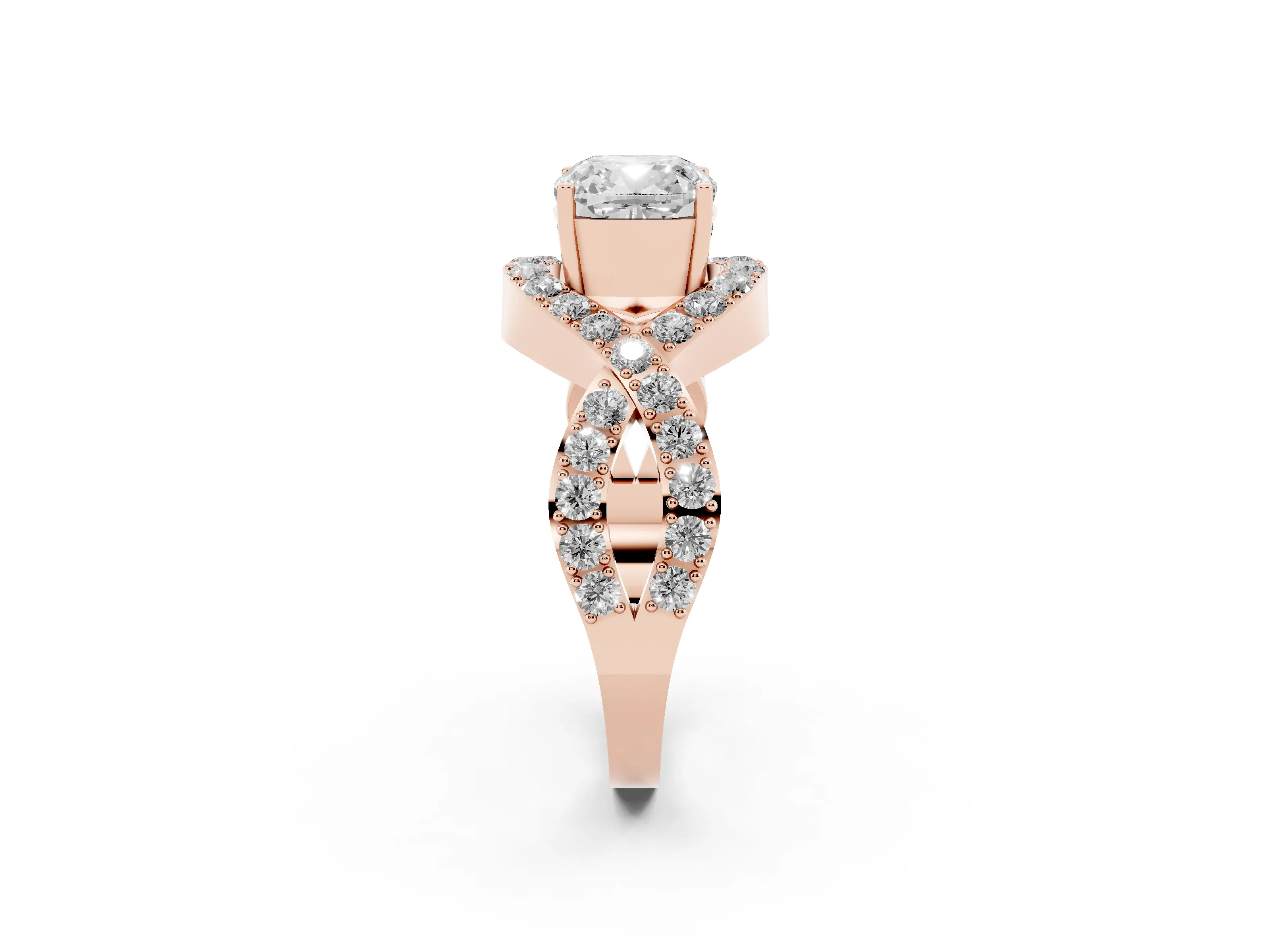 Cushion Cut Diamond Solitaire Twist Band Pavé Engagement Ring Set in Rose gold