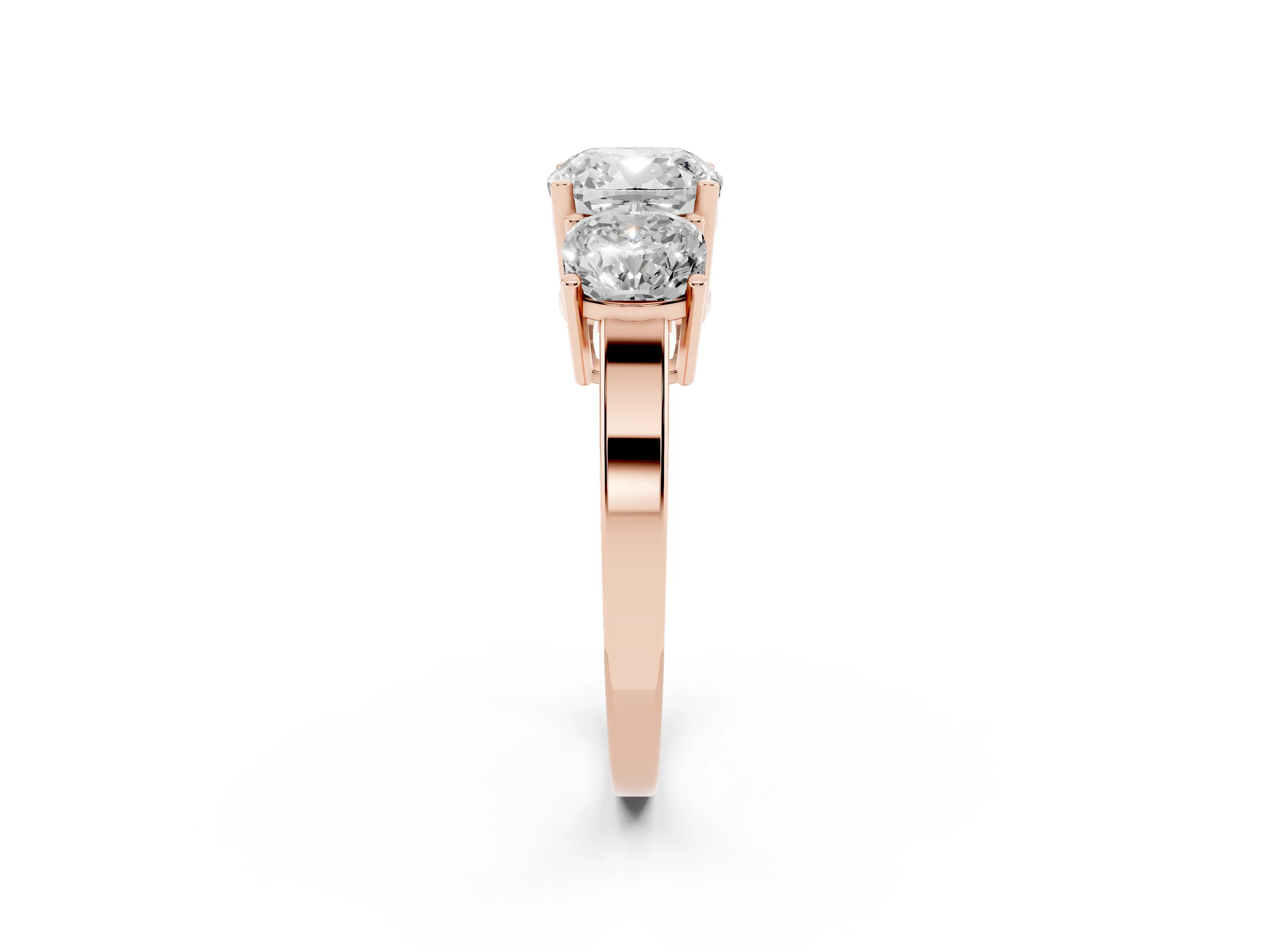 Cushion Cut Diamond Three-Stone Engagement Ring Set in Rose gold with Flat Band