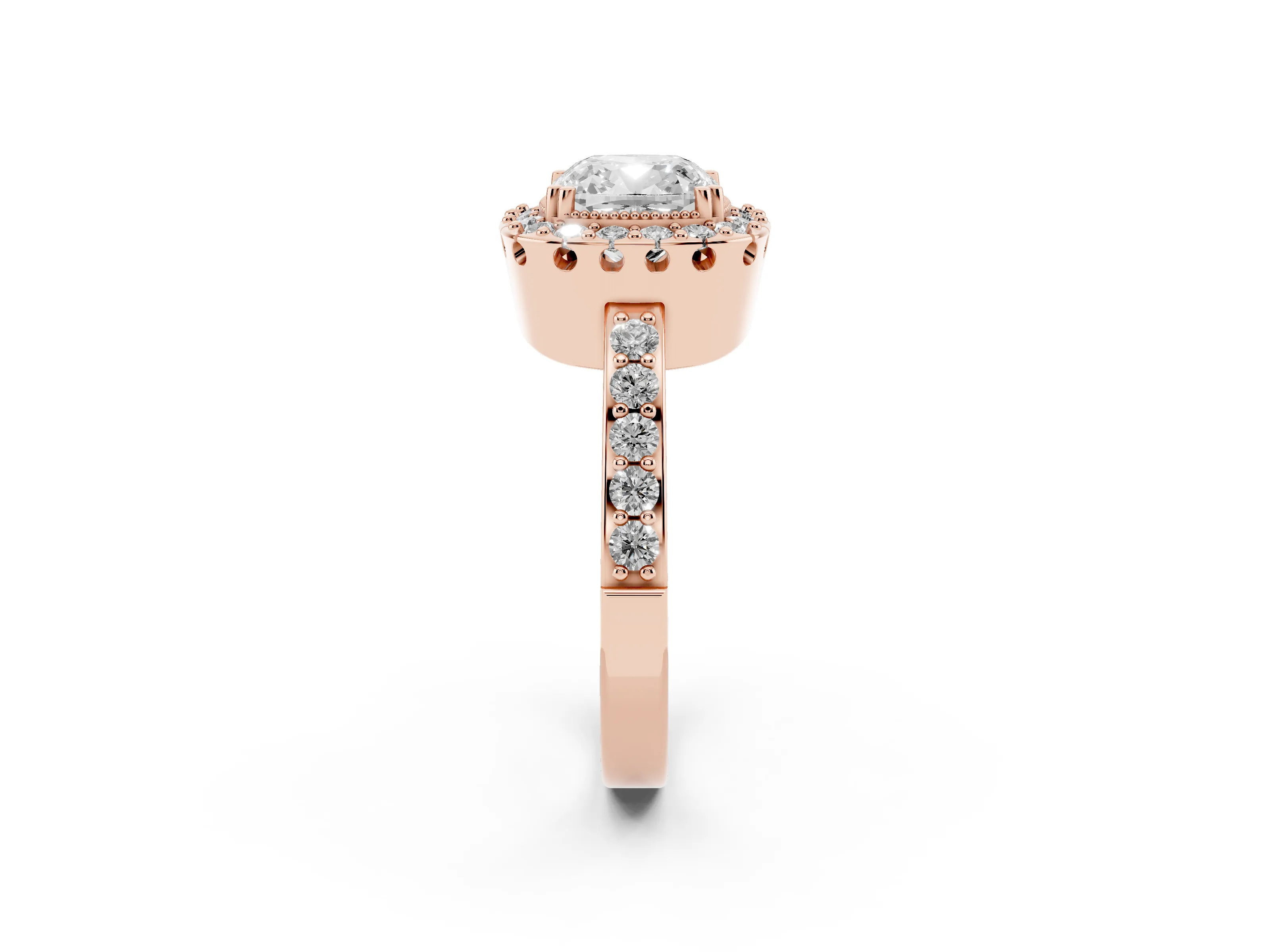 Cushion Cut Diamond Halo Ring Set in Rose gold with Pavé Shank and Prong Setting