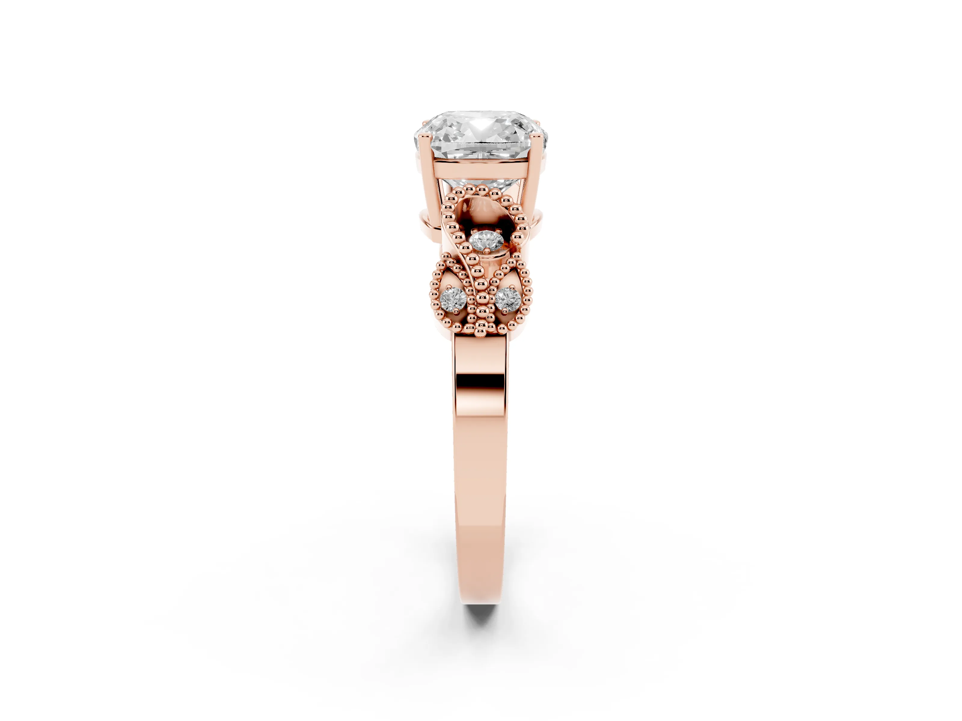 Cushion Cut Diamond Milgrain Leaf Band Solitaire Ring Set in Rose gold with Accent Stones and Prong Setting