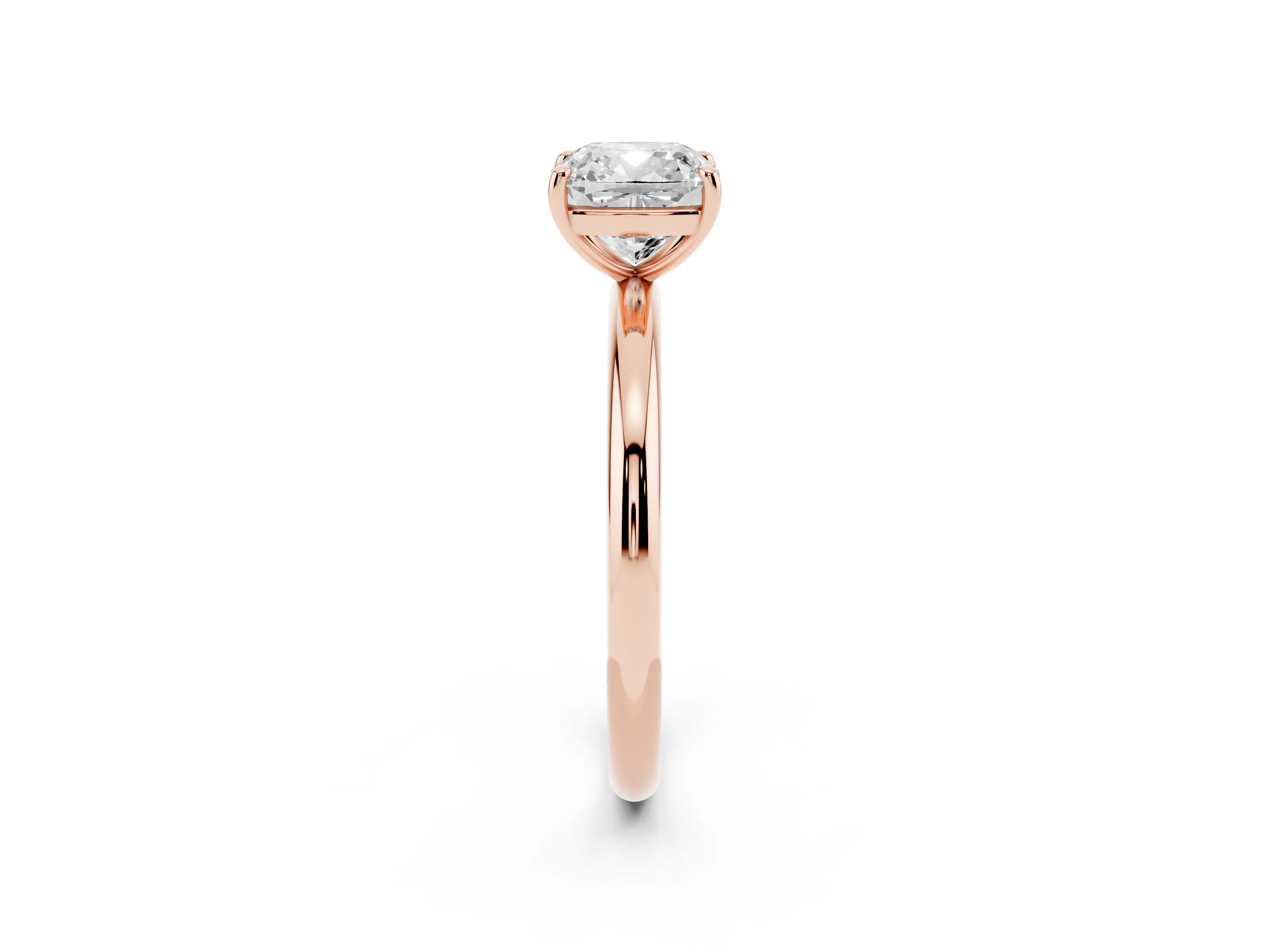 Cushion Cut Diamond Solitaire Ring Set in Rose gold with Prong Setting on a Polished Plain Band