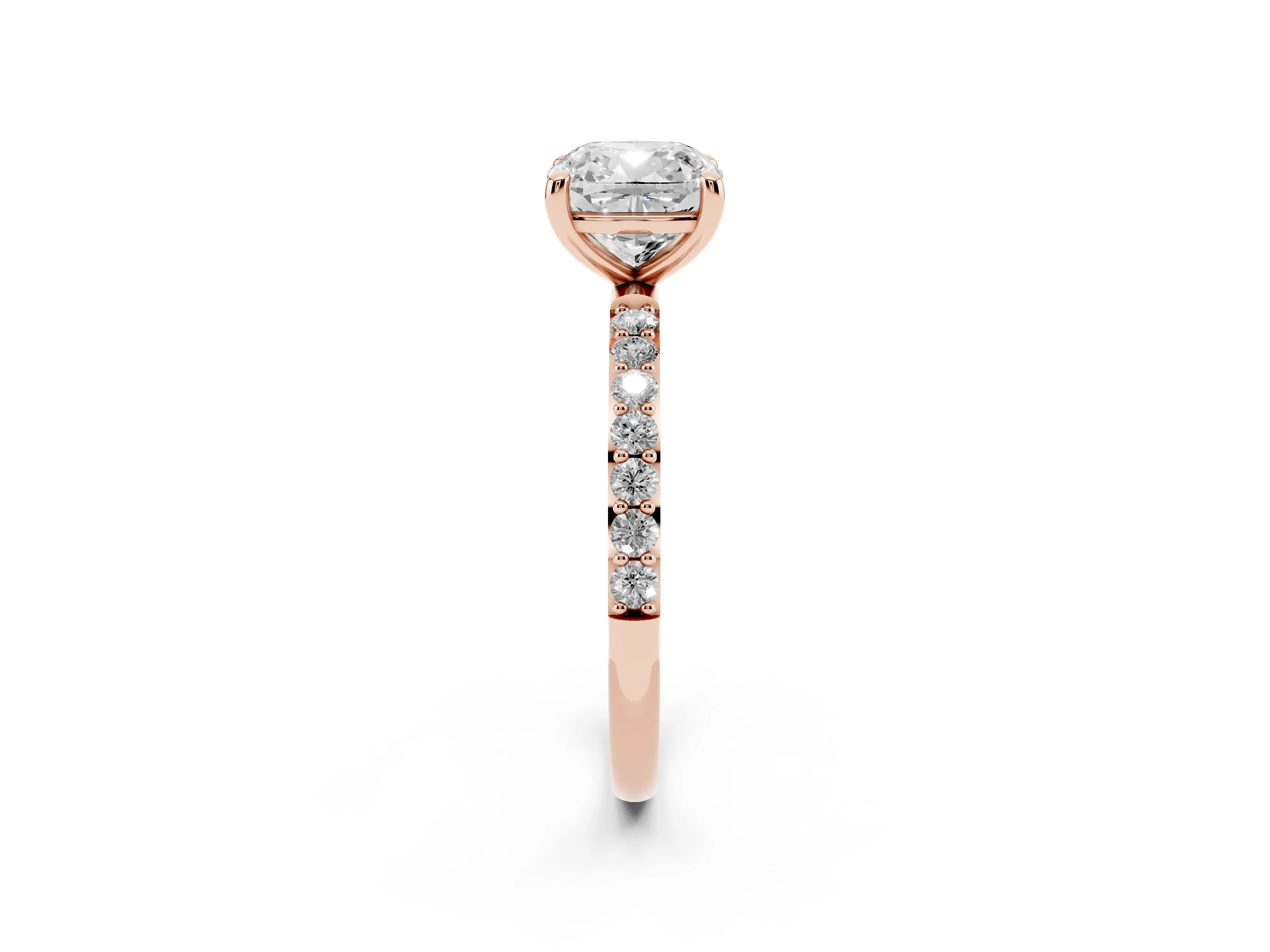 Cushion Cut Diamond Solitaire Ring Set in Rose gold with Round Pavé Band and Prong Setting