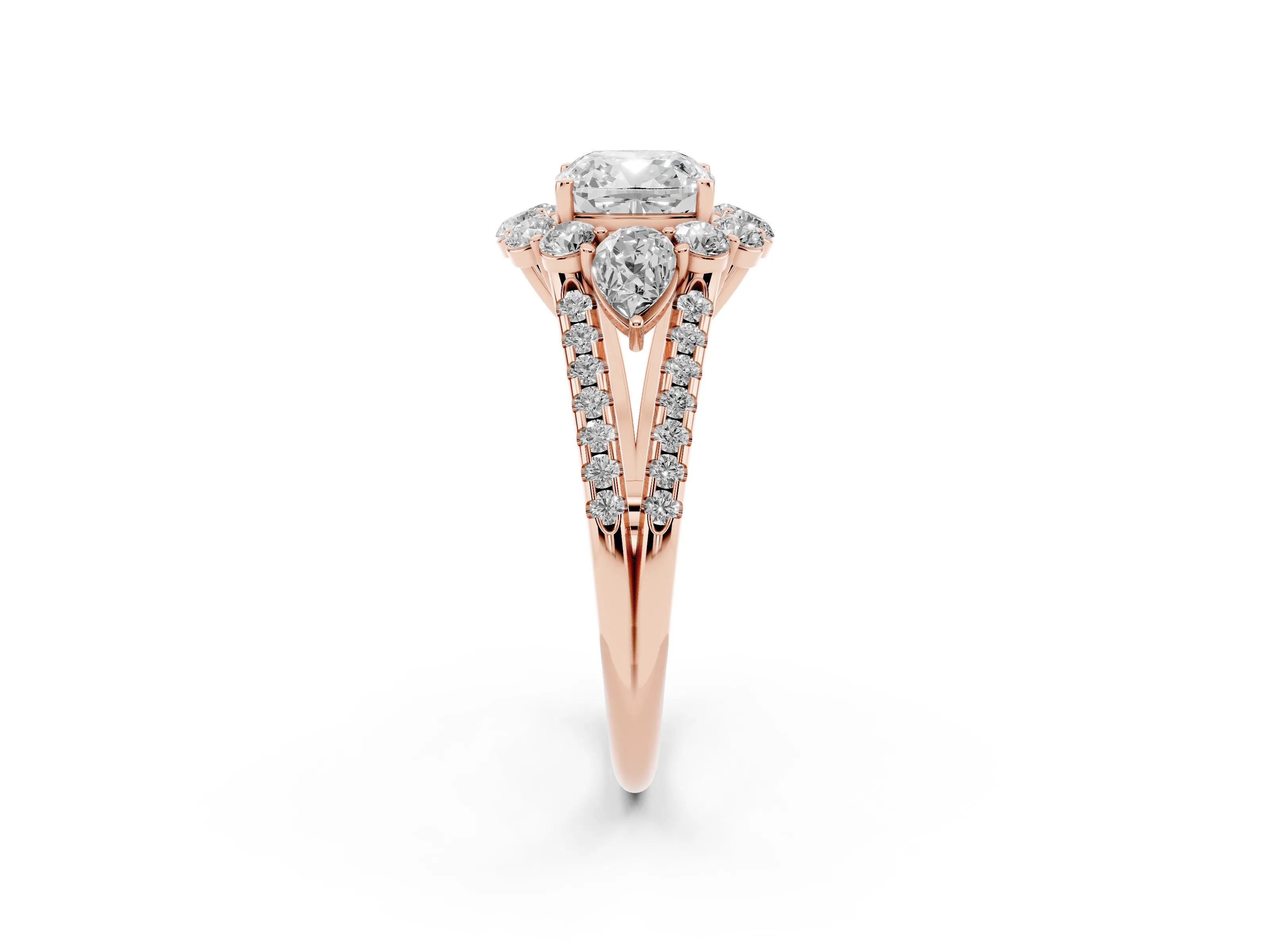 Cushion Cut Diamond Halo Split Shank Engagement Ring Set in Rose gold with Prong-Held Center Stone