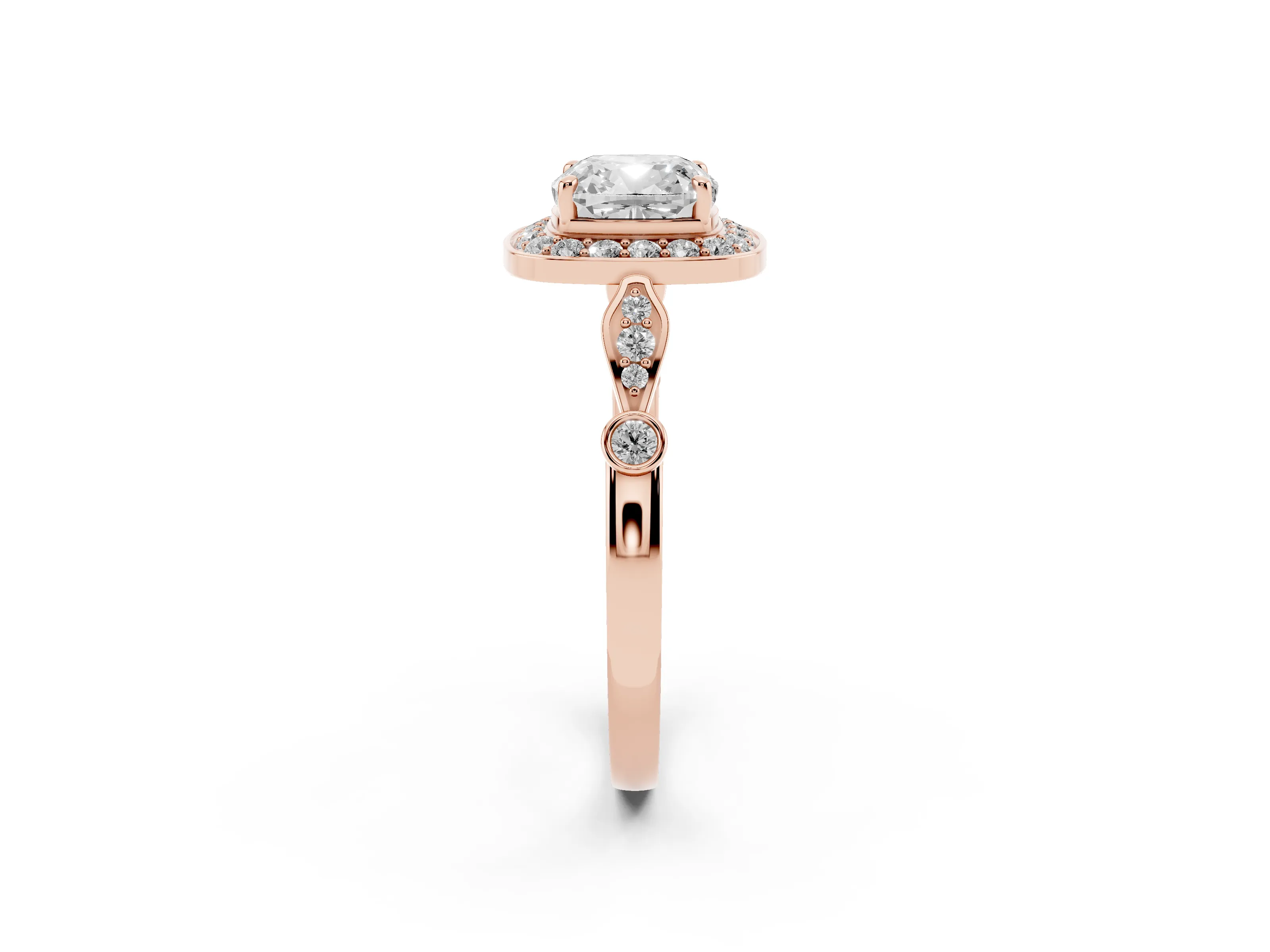 Cushion Cut Diamond Halo Engagement Ring Set in Rose gold with Twisted Band and Prong Setting