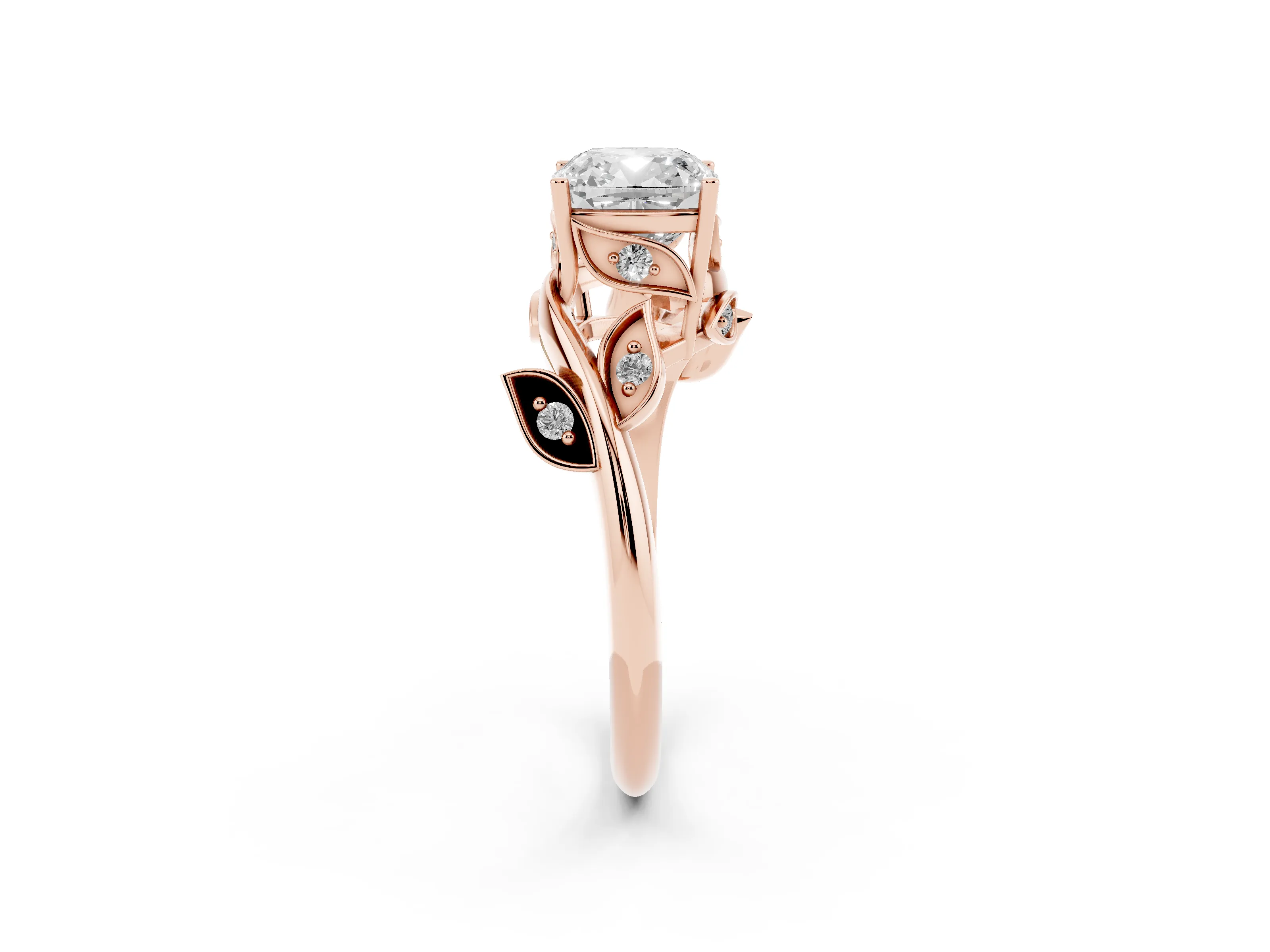 Cushion Cut Diamond Solitaire Twist Engagement Ring Set in Rose gold with Pavé Leaf Accents
