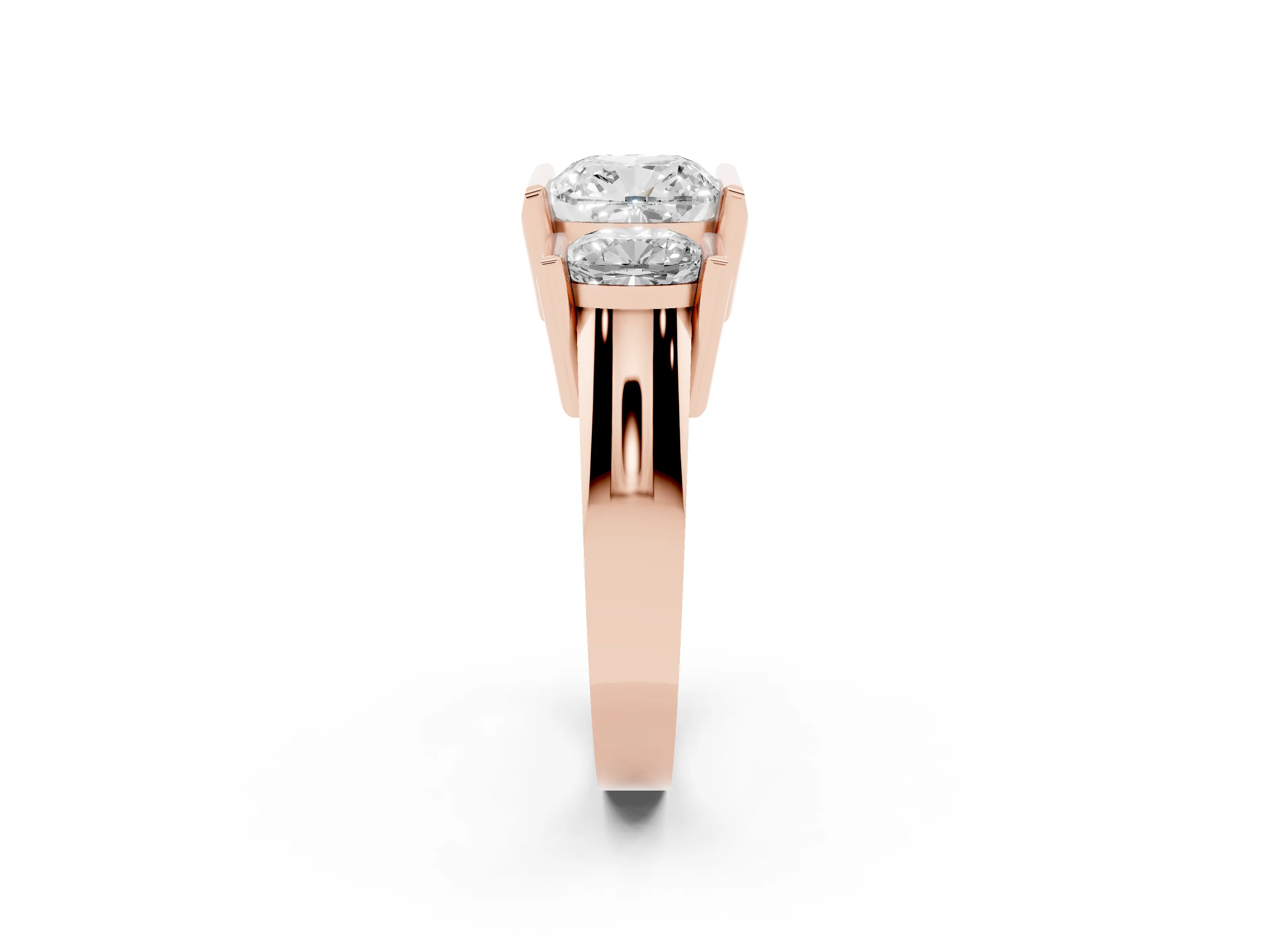 Cushion Cut Diamond Three-Stone Channel Set Ring Set in Rose gold with Smooth Polished Band