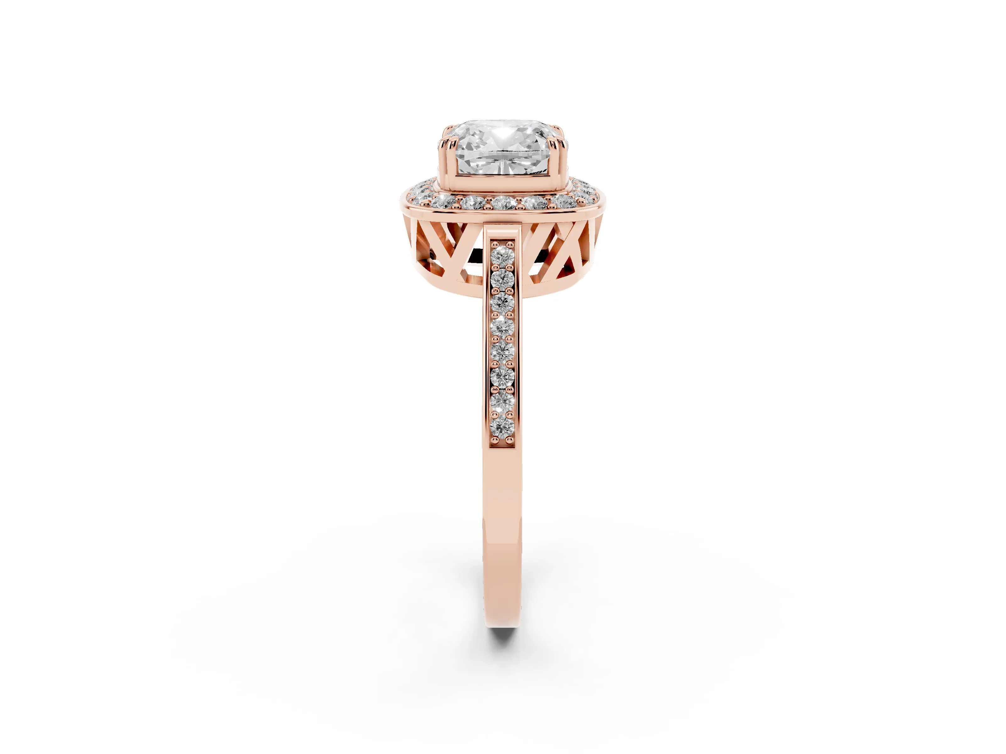 Cushion Cut Diamond Halo Ring Set in Rose gold with Accent-Lined Split Shank and Prong Setting