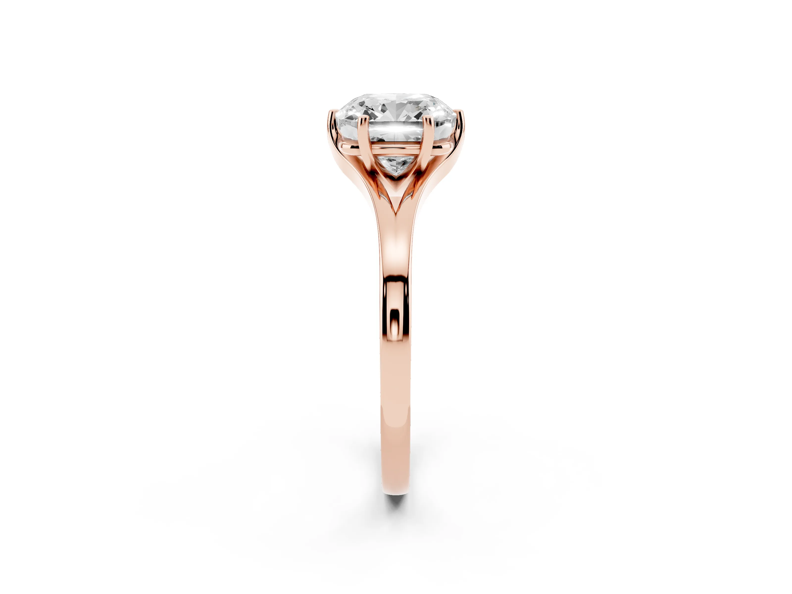 Cushion Cut Diamond Solitaire Ring Set in Rose gold with Polished Tapered Band and Prong Setting