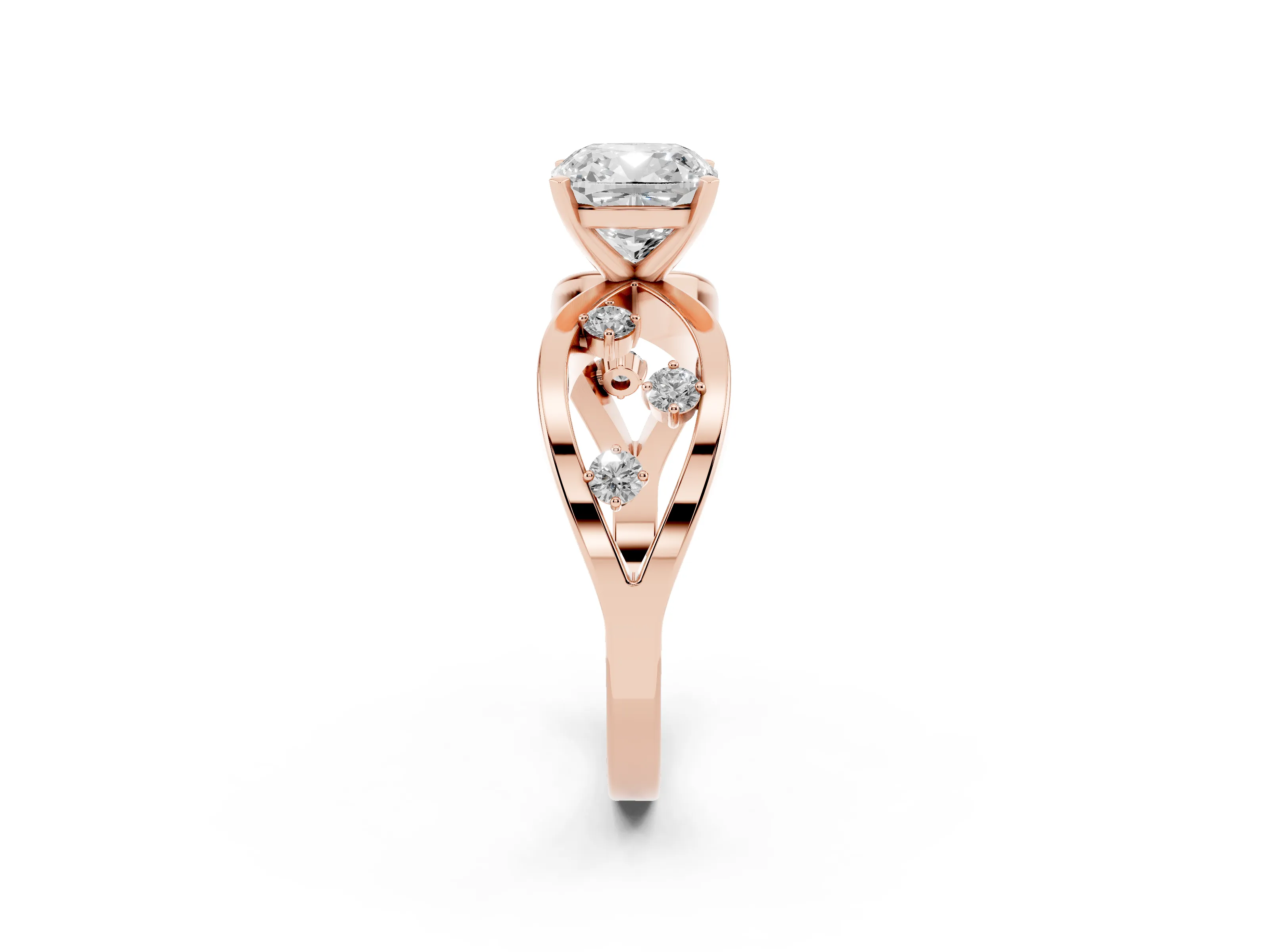 Cushion Cut Diamond Solitaire Ring Set in Rose gold with Side Stones on Criss-Cross Band and Prong Setting