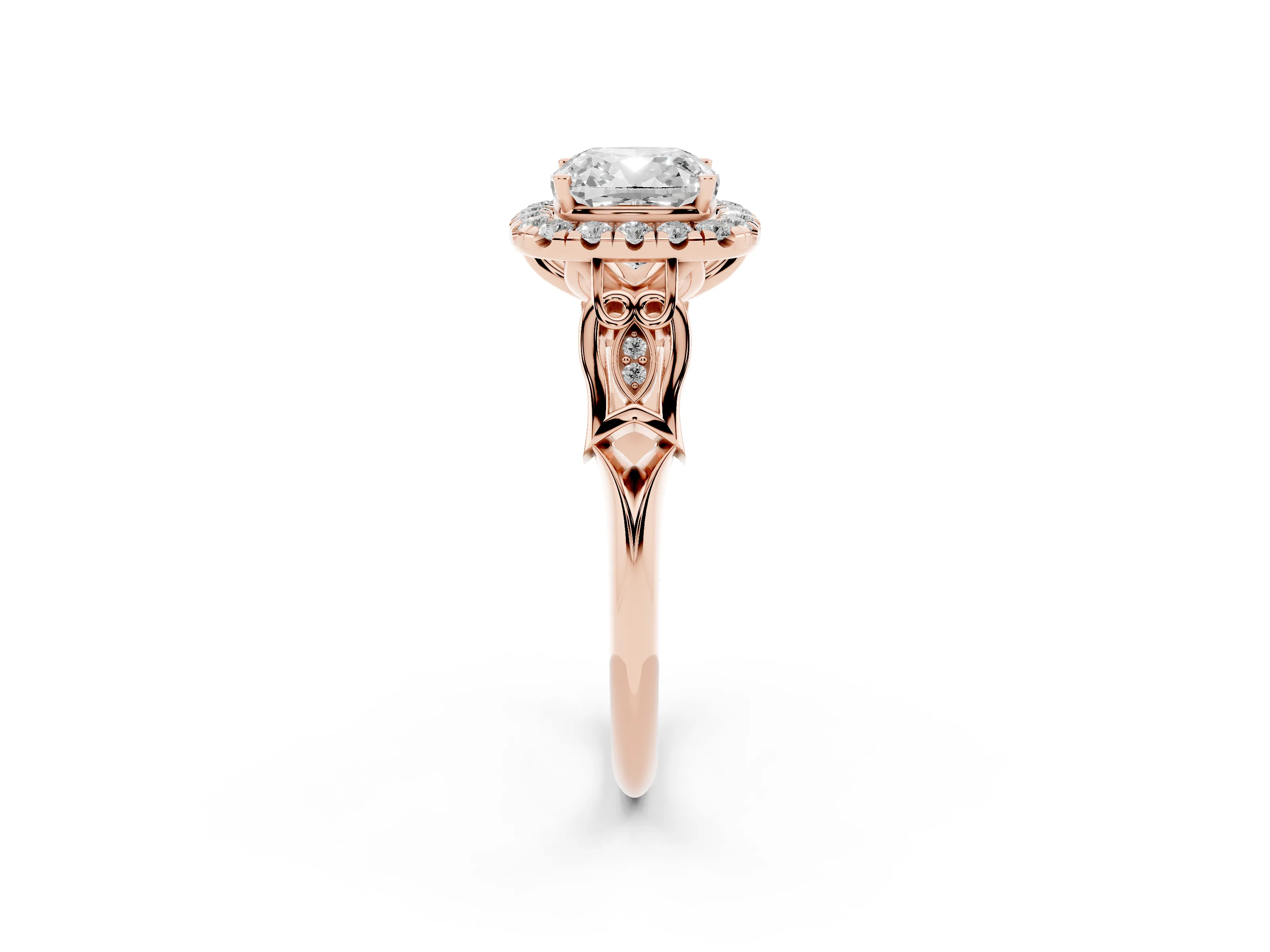 Cushion Cut Diamond Halo Engagement Ring Set in Rose gold with Filigree Band and Prong-Set Center
