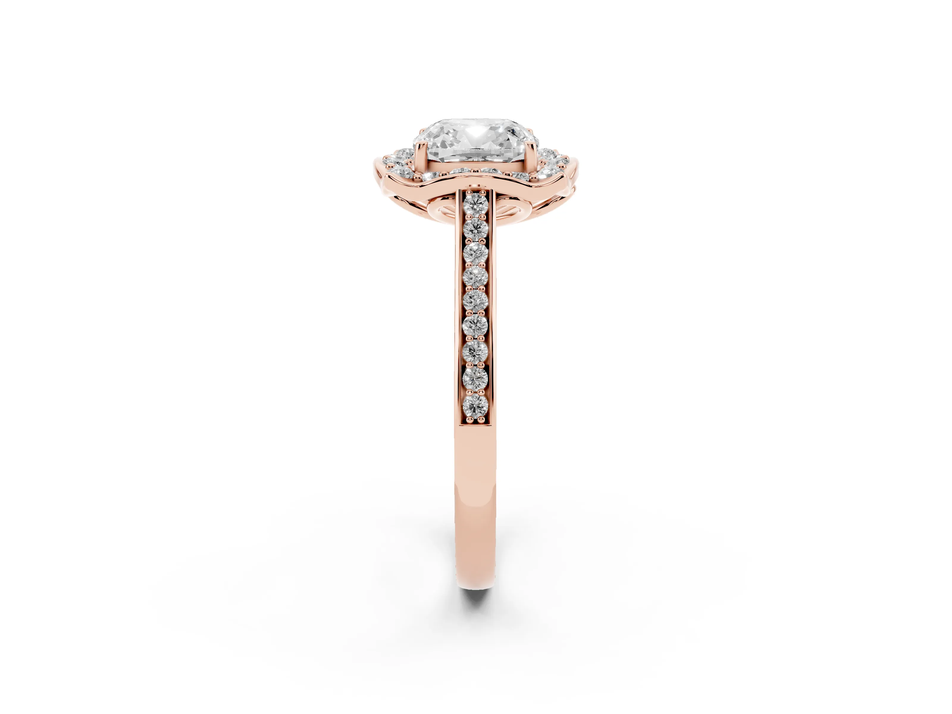 Cushion Cut Diamond Halo Ring Set in Rose gold with Pavé-Lined Shoulders and Prong Setting