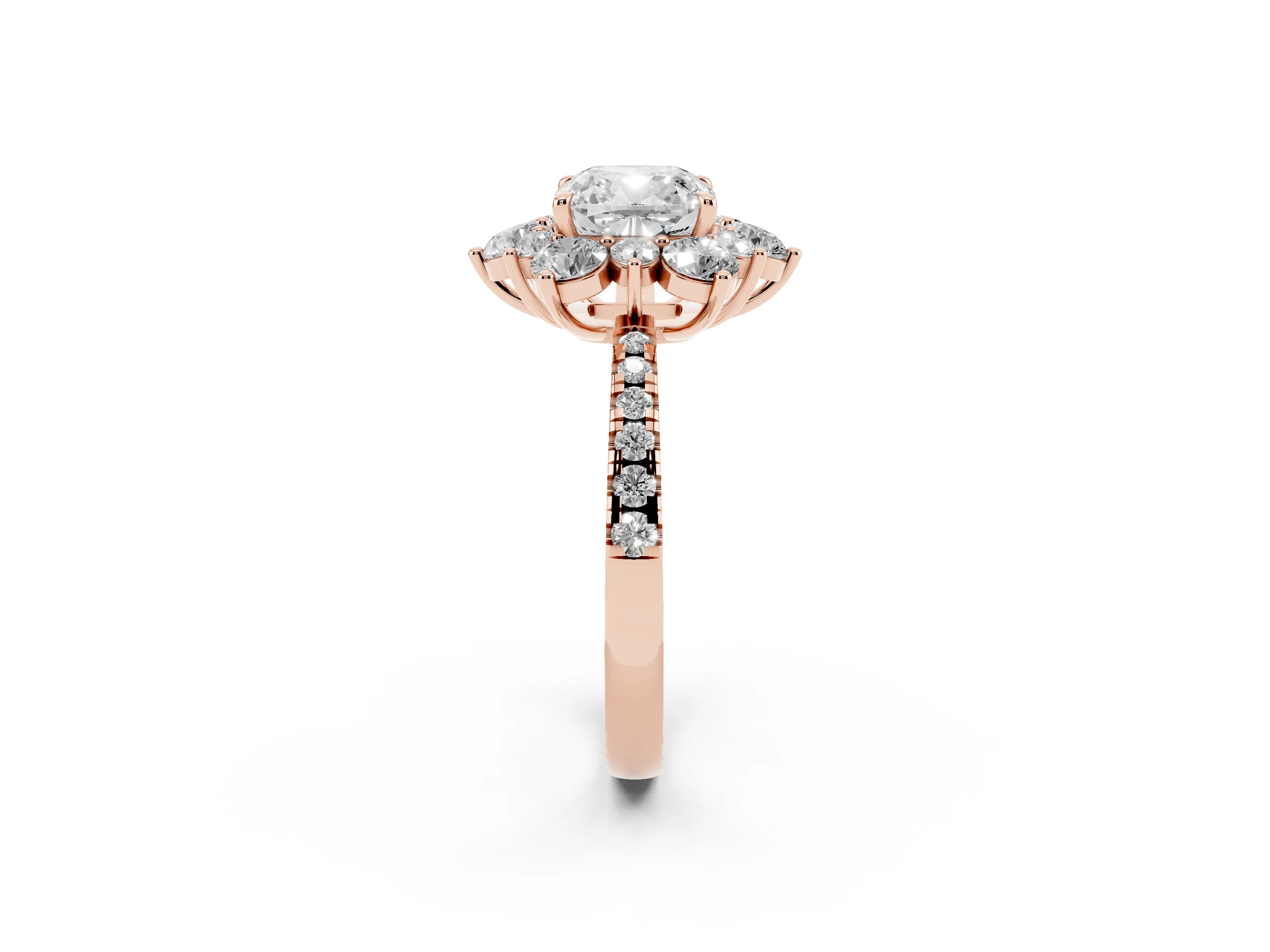 Cushion Cut Diamond Floral Halo Ring Set in Rose gold with Round Pavé Band and Prong Setting