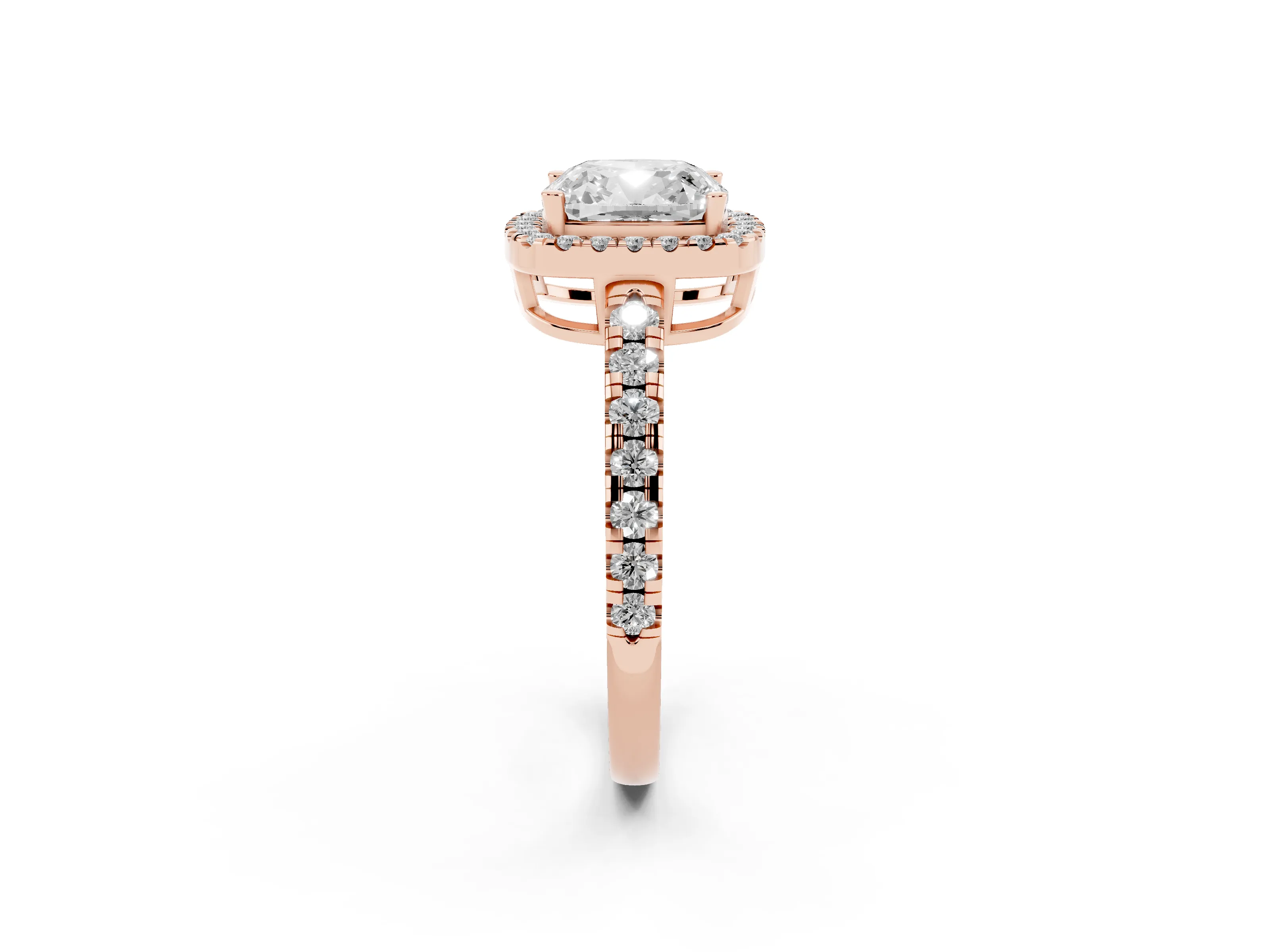 Cushion Cut Diamond Halo Ring Set in Rose gold with Delicate Pavé Band and Prong Setting