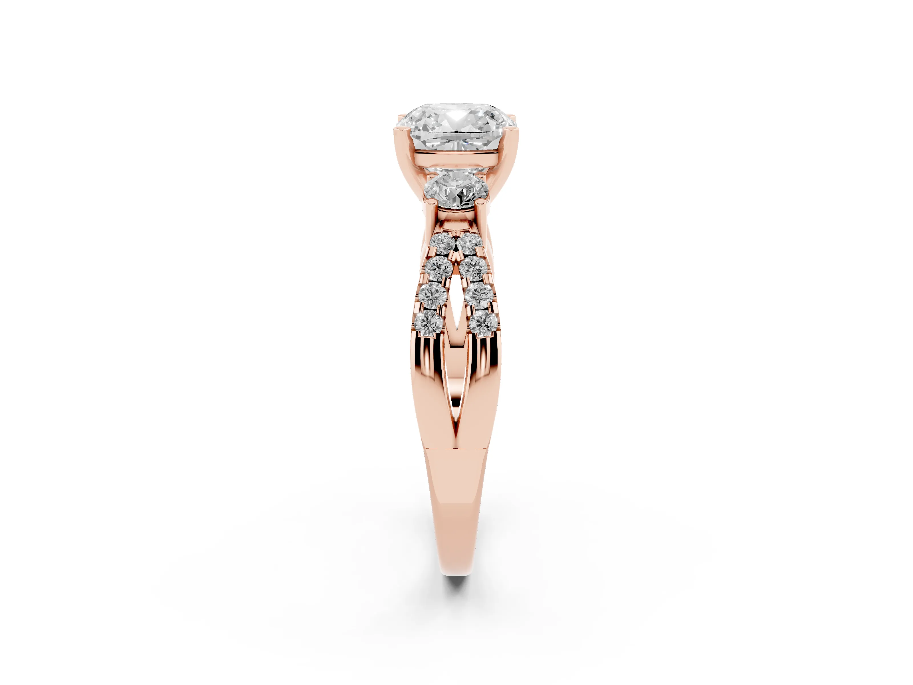 Cushion Cut Diamond Three-Stone Ring Set in Rose gold with Pavé Split Shank and Prong Setting