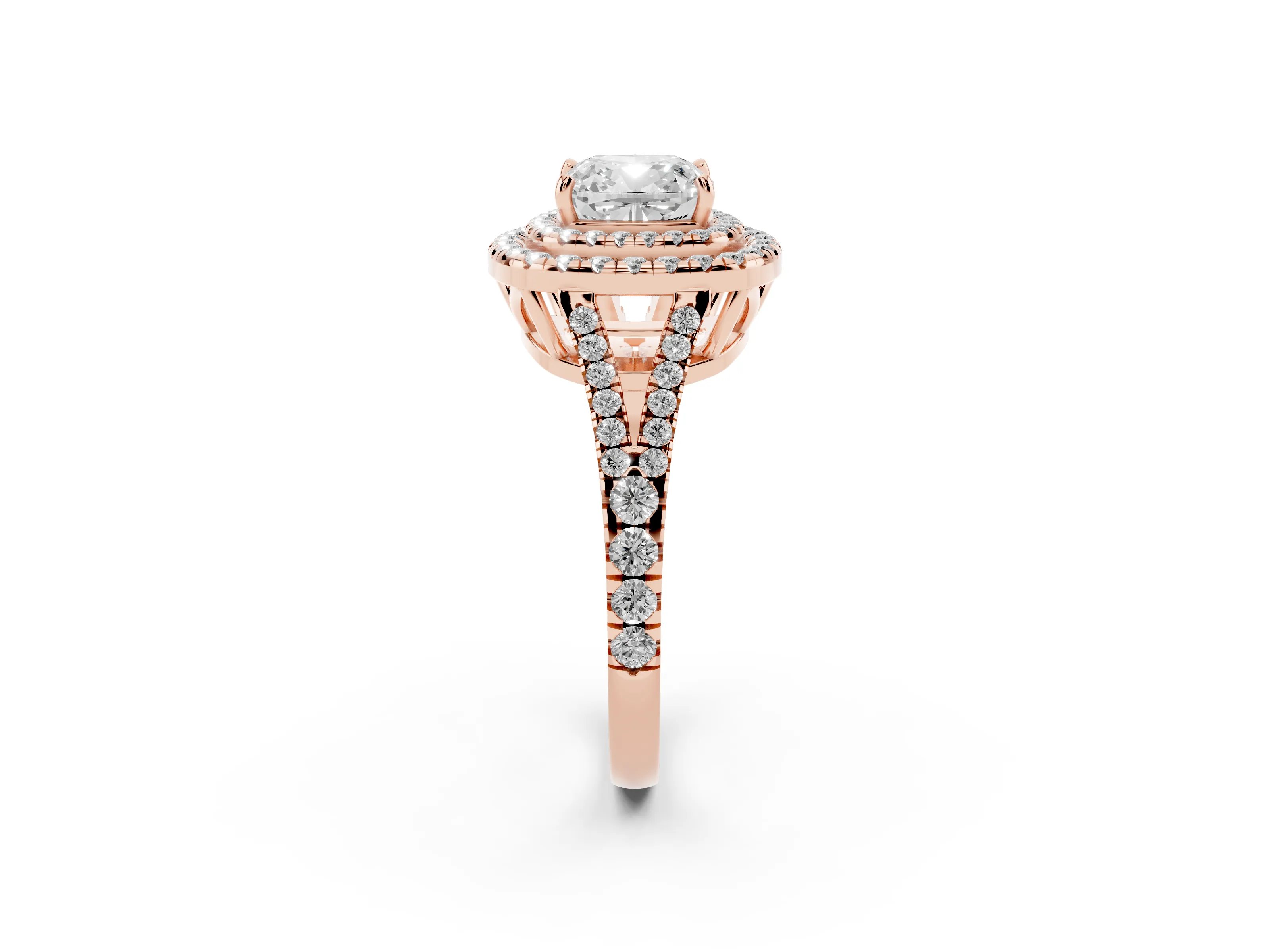 Cushion Cut Diamond Double Halo Ring Set in Rose gold with Pavé Band