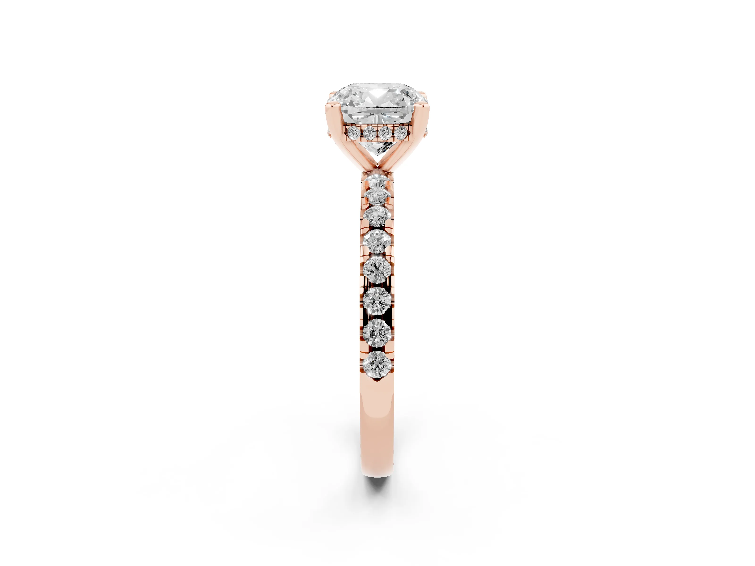 Cushion Cut Diamond Pavé Solitaire Ring Set in Rose gold with Round Band Accents and Prong Setting